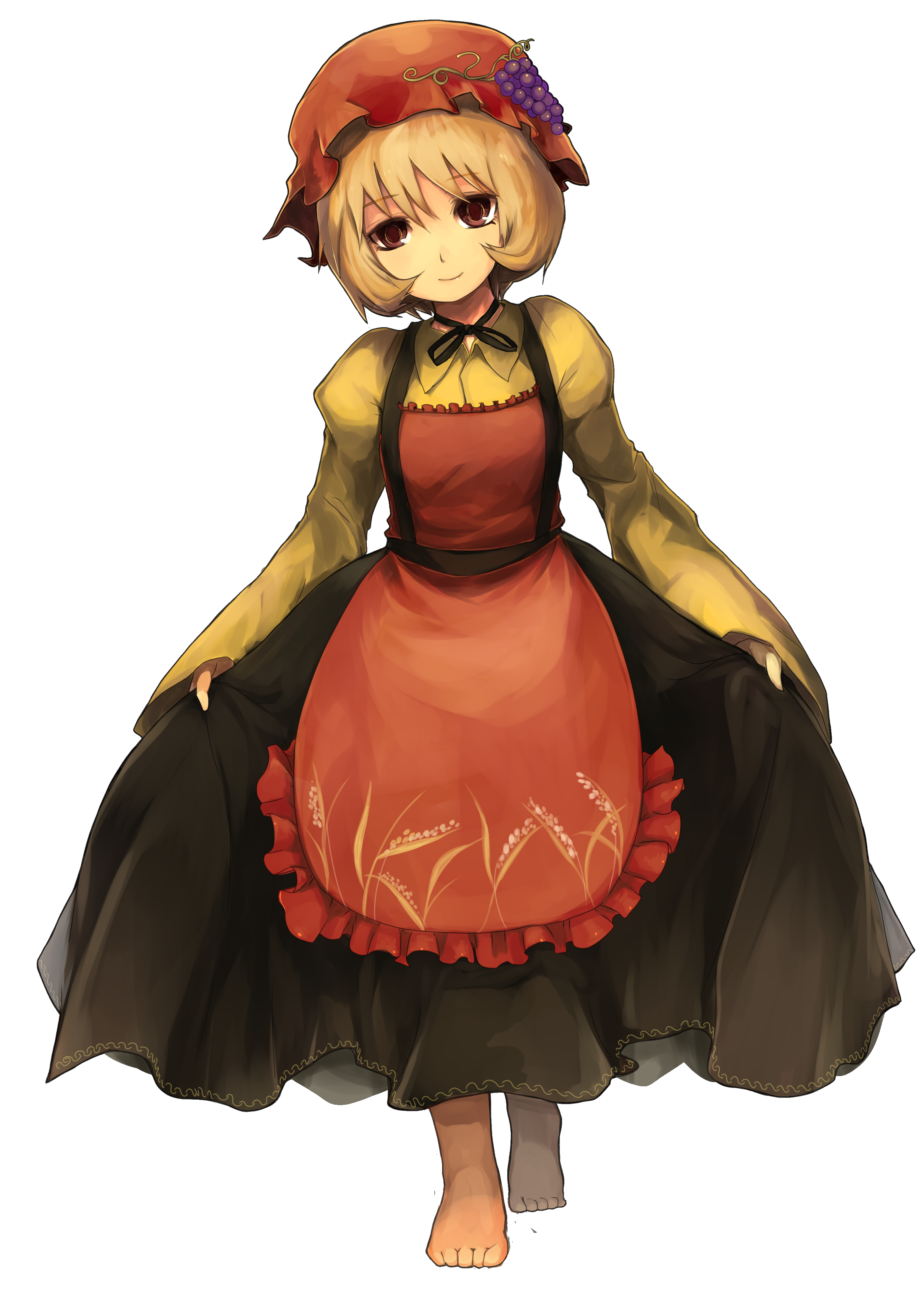 seiju natsumegu, aki minoriko, touhou, absurdres, bad id, bad pixiv id, highres, 1girl, barefoot, blonde hair, brown eyes, curtsey, feet, female focus, food, fruit, full body, grapes, hat, short hair, skirt hold, solo, standing, transparent background