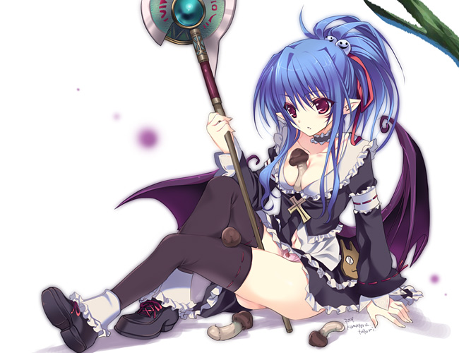 kumatora tatsumi, alwen, alwen du moonbria, zwei!!, zwei 2, 1girl, ascot, bat wings, between breasts, black dress, black thighhighs, blue hair, bobby socks, breasts, choker, cleavage, demon wings, dress, elf, female focus, frills, full body, long hair, medium breasts, mushroom, panties, pink panties, pointy ears, ponytail, red eyes, shoes, sitting, socks, solo, staff, thighhighs, underwear, white background, wings