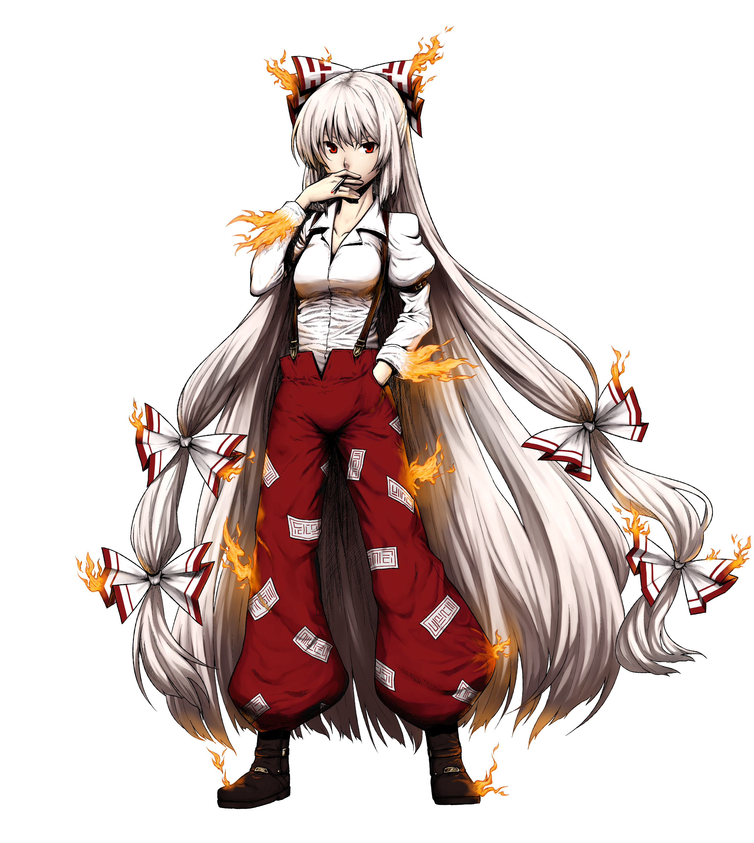 hiroya juuren, fujiwara no mokou, touhou, silver hair, absurdres, highres, 1girl, boots, bow, cigarette, female focus, fire, full body, hair bow, long hair, multiple hair bows, red eyes, shirt, smoking, solo, suspenders, transparent background, very long hair, white shirt