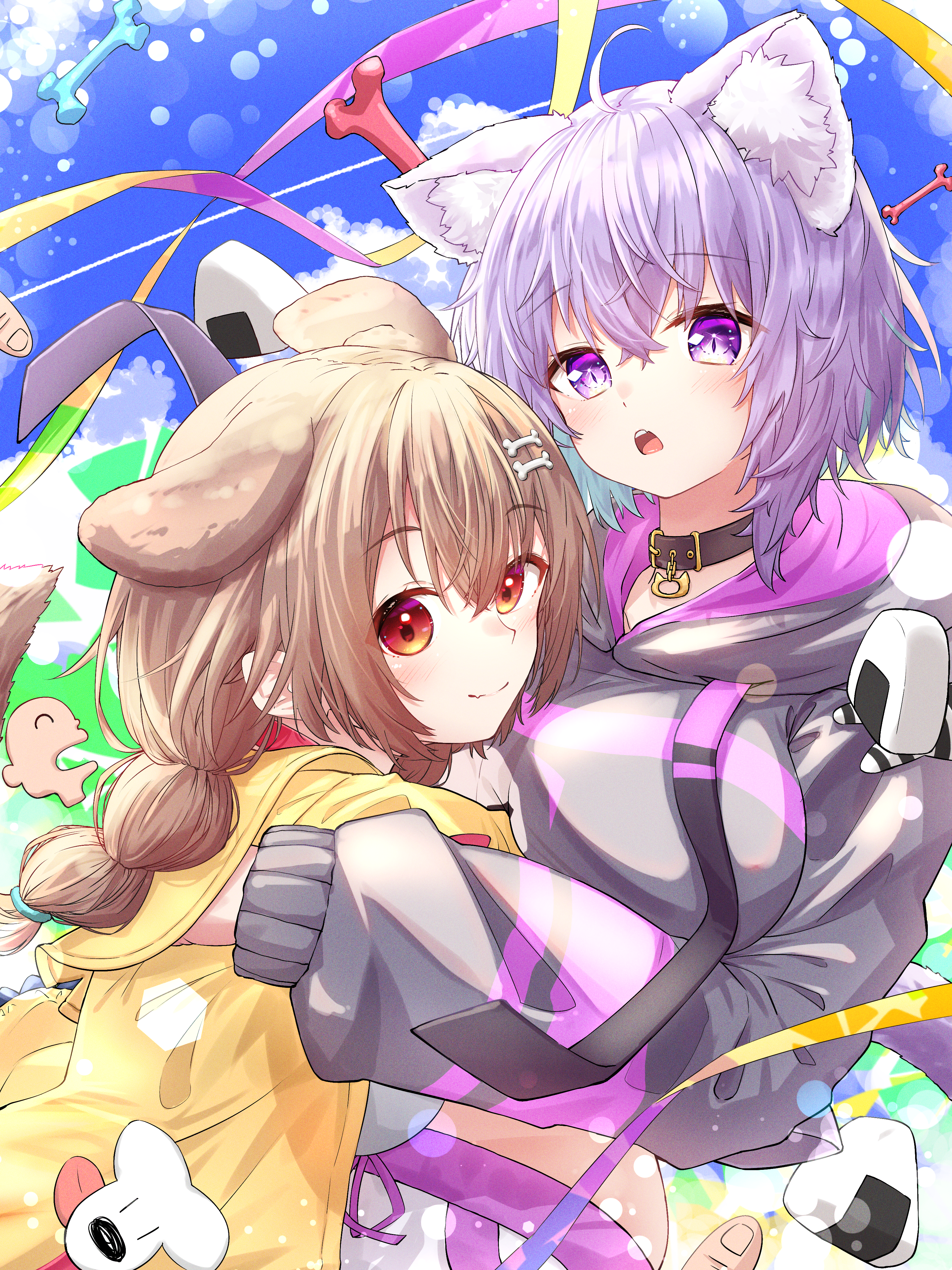 u da desu, inugami korone, inugami korone (1st costume), nekomata okayu, nekomata okayu (1st costume), onigirya (nekomata okayu), hololive, absurdres, commentary, highres, 2girls, animal ears, black collar, black hoodie, bone hair ornament, braid, brown eyes, brown hair, cat ears, cat girl, closed mouth, collar, dog ears, dog girl, hair ornament, hood, hoodie, hug, jacket, looking at viewer, medium hair, multiple girls, open mouth, outdoors, pants, purple eyes, purple hair, smile, twin braids, virtual youtuber, white pants, yellow jacket