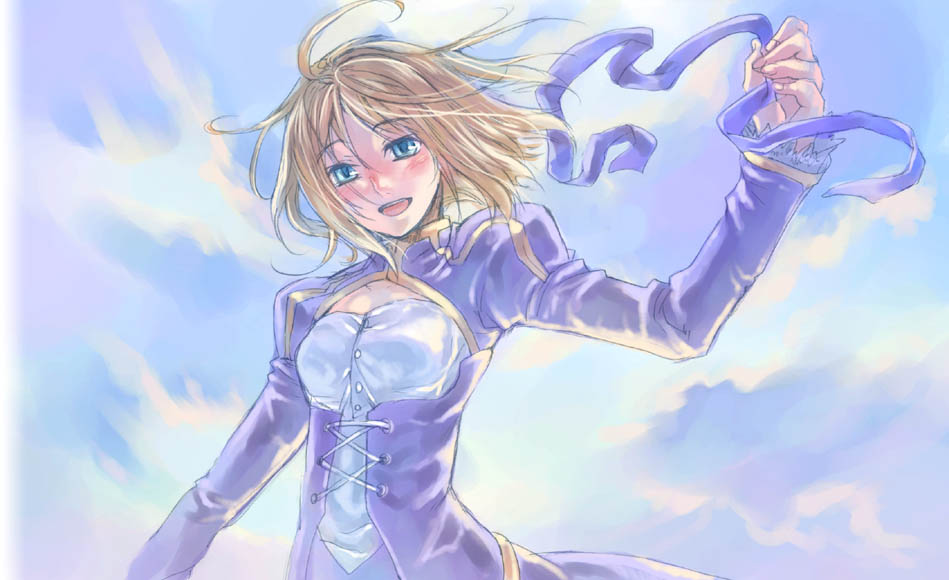 tenkuu sphere, artoria pendragon (fate), saber (fate), fate/stay night, fate (series), 00s, 1girl, ahoge, blonde hair, female focus, green eyes, hair down, long sleeves, open mouth, outdoors, ribbon, sky, solo