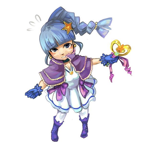 meshi a, kotomi (bokujou monogatari), harvest moon, harvest moon animal parade, harvest moon tree of tranquility, 1girl, alternate costume, alternate hairstyle, blue eyes, blue hair, earrings, female focus, gloves, hair ornament, hairpin, jewelry, magical girl, matching hair/eyes, pantyhose, solo, wand