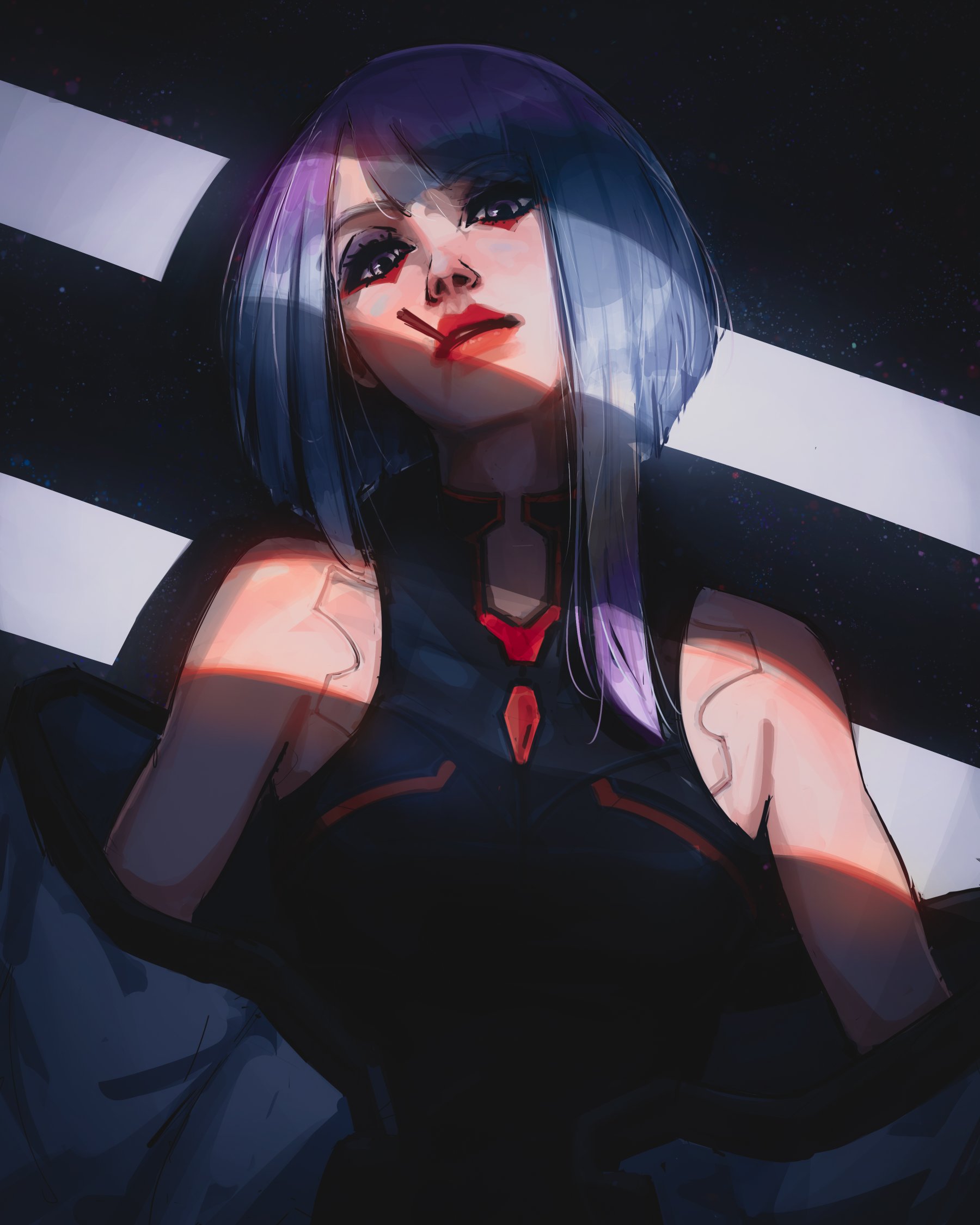 titanartx, lucy (cyberpunk), cyberpunk: edgerunners, cyberpunk (series), commentary, highres, 1girl, bare shoulders, black leotard, blue hair, eyeliner, gradient hair, heattech leotard, leotard, lips, looking at viewer, makeup, medium hair, mouth hold, multicolored hair, nose, parted bangs, parted lips, purple eyes, purple hair, red eyeliner, solo, turtleneck, upper body