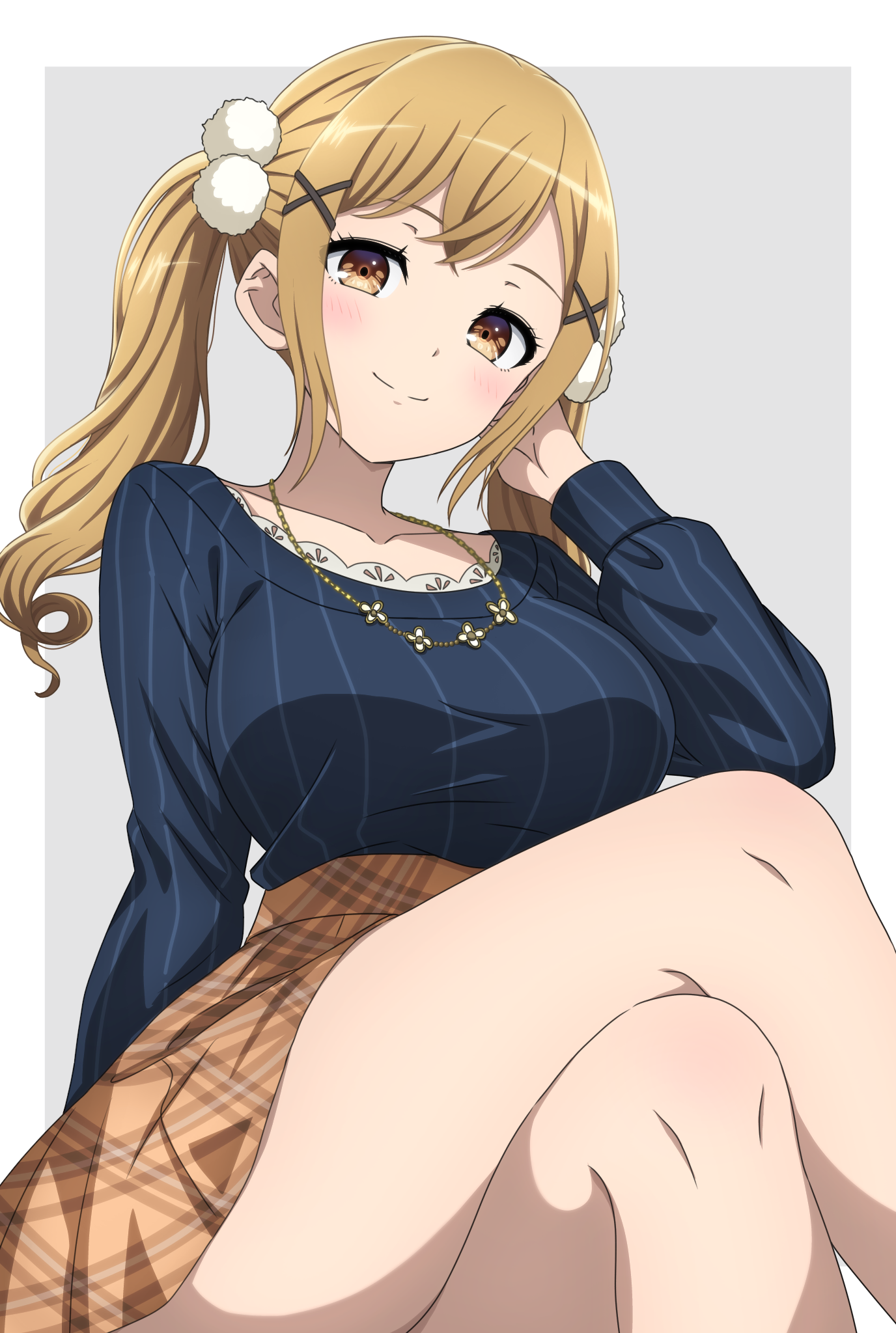 noshimurin, ichigaya arisa, bang dream!, commentary request, highres, 1girl, blue sweater, blush, border, braid, breasts, brown eyes, brown hair, brown skirt, closed mouth, collared shirt, crossed legs, grey background, jewelry, large breasts, long sleeves, necklace, outside border, plaid clothes, plaid skirt, shirt, simple background, skirt, solo, sweater, twin braids, white border