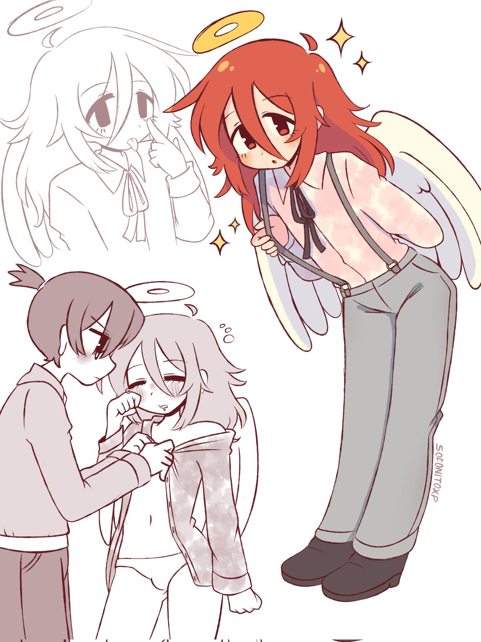 sofo soup, angel devil (chainsaw man), hayakawa aki, chainsaw man, commentary, corrupted twitter file, english commentary, highres, 2boys, ahoge, angel wings, arm behind back, black shoes, bulge, closed mouth, collared shirt, double-parted bangs, dressing another, grey pants, hair between eyes, halo, long hair, long sleeves, looking at another, looking at viewer, male focus, multiple boys, pants, parted lips, partially colored, red eyes, red hair, shirt, shoes, short hair, sidelocks, simple background, suspenders, tongue, tongue out, white shirt, wings
