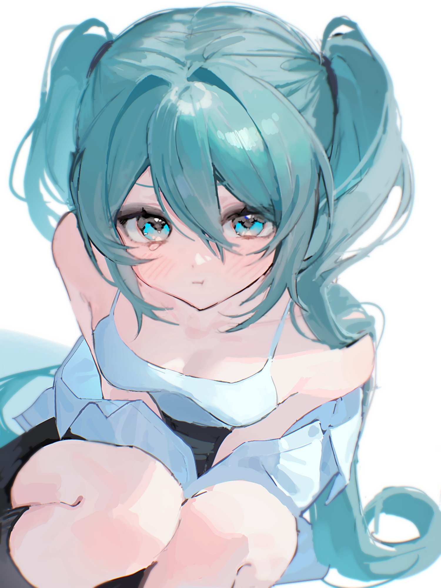 iam yuragi, hatsune miku, vocaloid, commentary, highres, symbol-only commentary, 1girl, alternate costume, aqua eyes, aqua hair, black skirt, black socks, breasts, collared shirt, double-parted bangs, eyes visible through hair, hair between eyes, light frown, long hair, looking at viewer, shirt, skirt, small breasts, socks, tank top, tears, twintails, very long hair, white background, white shirt, white tank top
