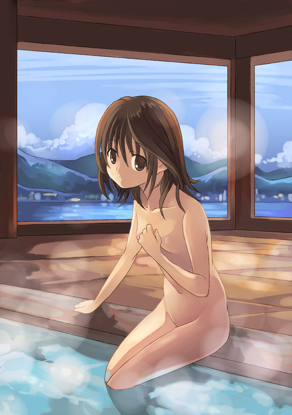 kouno hikaru, akemiho tabi nikki, original, bad id, bad pixiv id, 1girl, arm support, bath, bathing, breasts, brown eyes, brown hair, female focus, navel, nipples, nude, onsen, short hair, sitting, small breasts, soaking feet, solo, steam, water