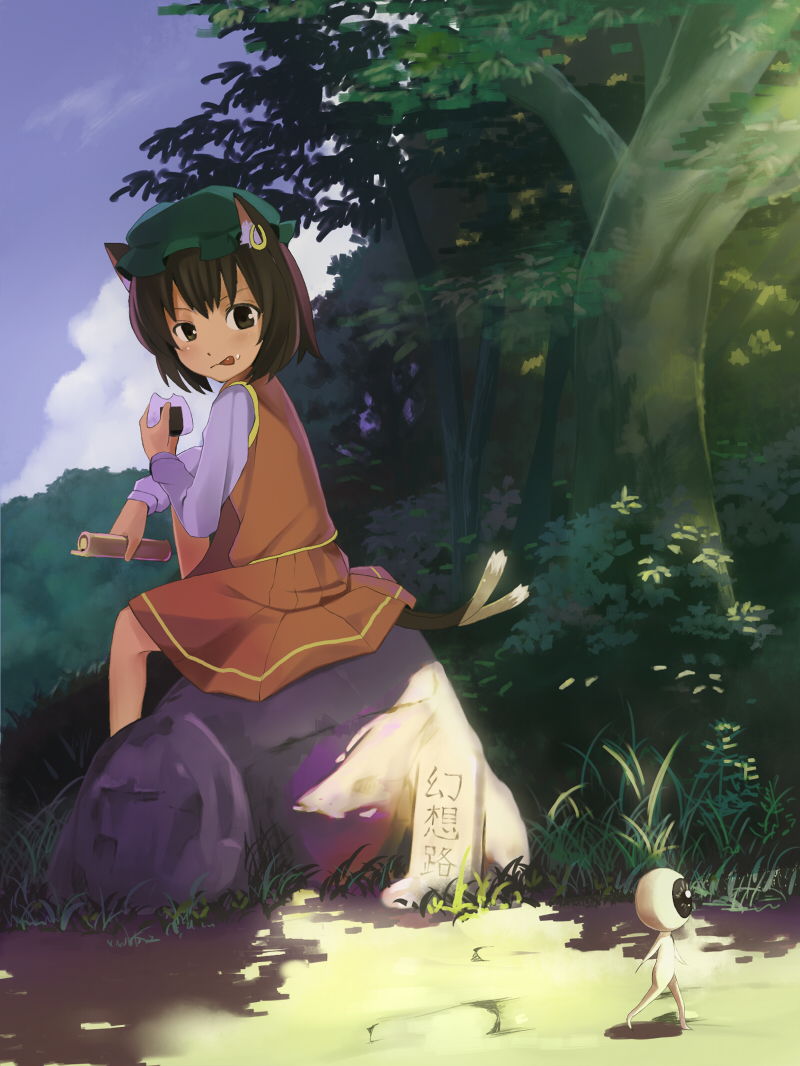 hidebo, chen, medama oyaji, gegege no kitarou, toei company, touhou, bad id, bad pixiv id, 1girl, animal ears, brown eyes, brown hair, cat ears, cat tail, crossover, earrings, eating, eyeball, female focus, food, food on face, hat, jewelry, licking lips, monster, nature, onigiri, rice, rice on face, rock, scroll, short hair, sitting, solo, tail, tongue, tongue out