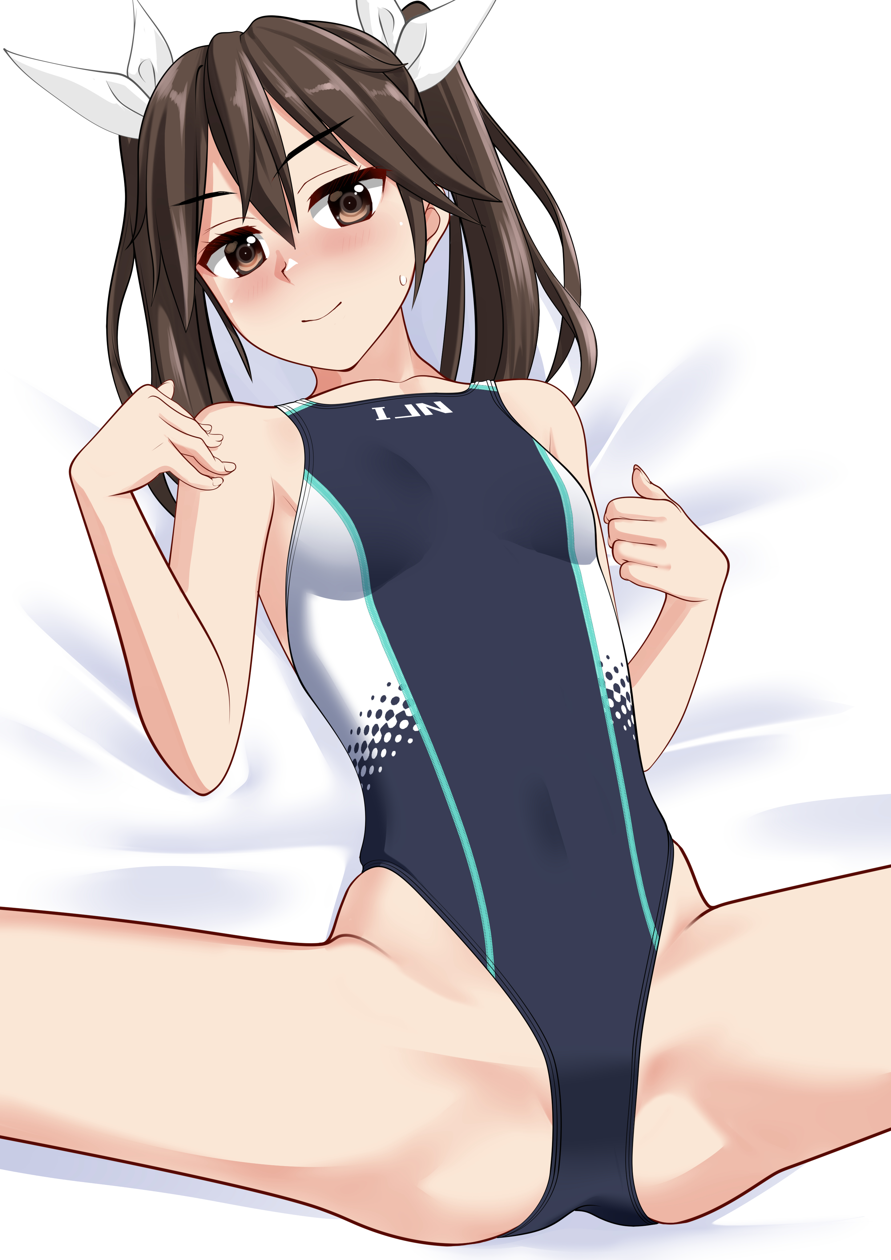 takafumi, tone (kancolle), kantai collection, absurdres, commentary request, highres, variant set, 1girl, black one-piece swimsuit, blush, breasts, brown eyes, brown hair, clothes writing, competition swimsuit, covered navel, cowboy shot, hair ribbon, highleg, highleg one-piece swimsuit, long hair, lying, multicolored swimsuit, nose blush, one-piece swimsuit, ribbon, small breasts, solo, spread legs, swimsuit, twintails