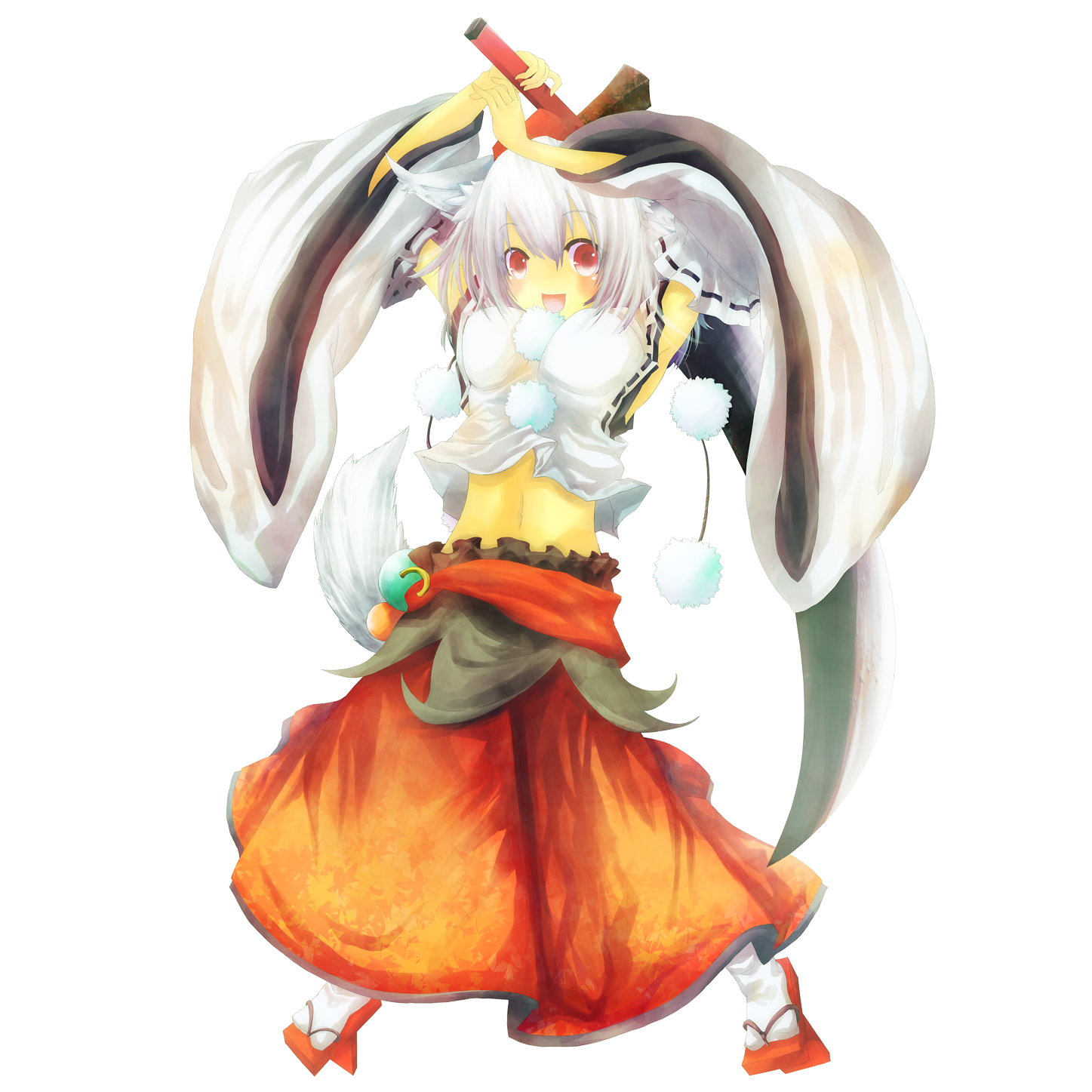 muso-comet, inubashiri momiji, touhou, highres, 1girl, animal ears, breasts, detached sleeves, dog ears, female focus, full body, geta, large breasts, navel, red eyes, short hair, solo, tengu-geta, transparent background, white hair, wolf ears
