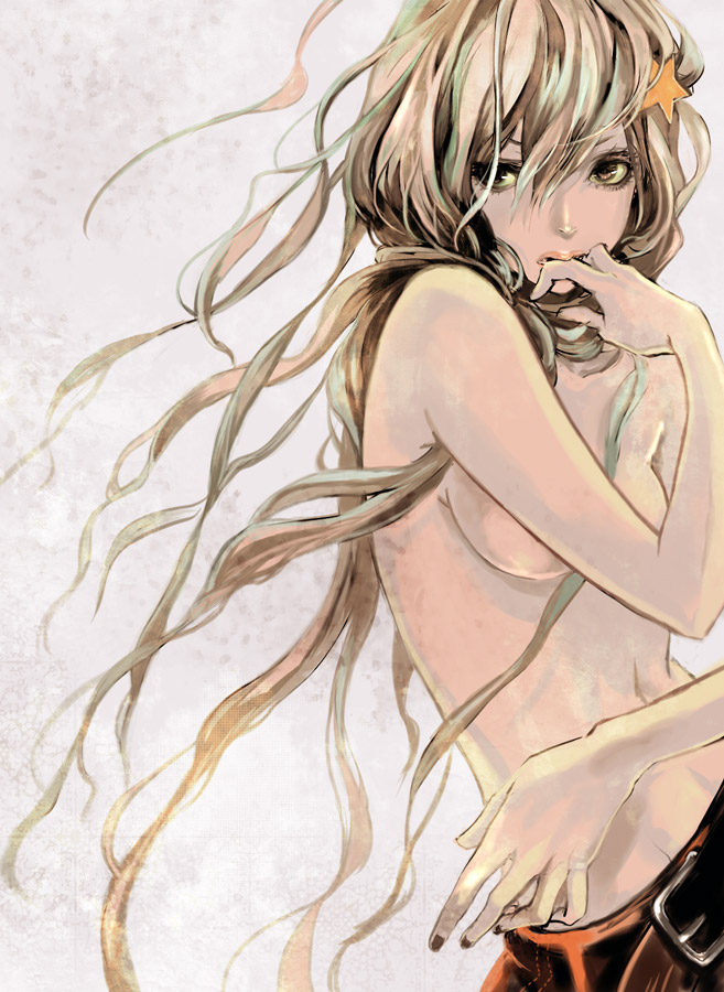 routemoc, original, biting finger, bad id, bad pixiv id, 1girl, biting, breasts, brown eyes, brown hair, female focus, finger to mouth, lips, long hair, nail polish, navel, solo, topless female