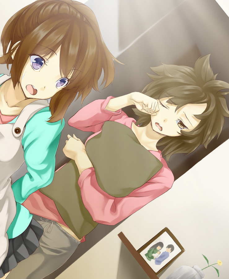 unowen, original, bad id, bad pixiv id, 2girls, blue eyes, brown eyes, brown hair, messy hair, multiple girls, one eye closed, open mouth, pillow, skirt, sleepy, wink