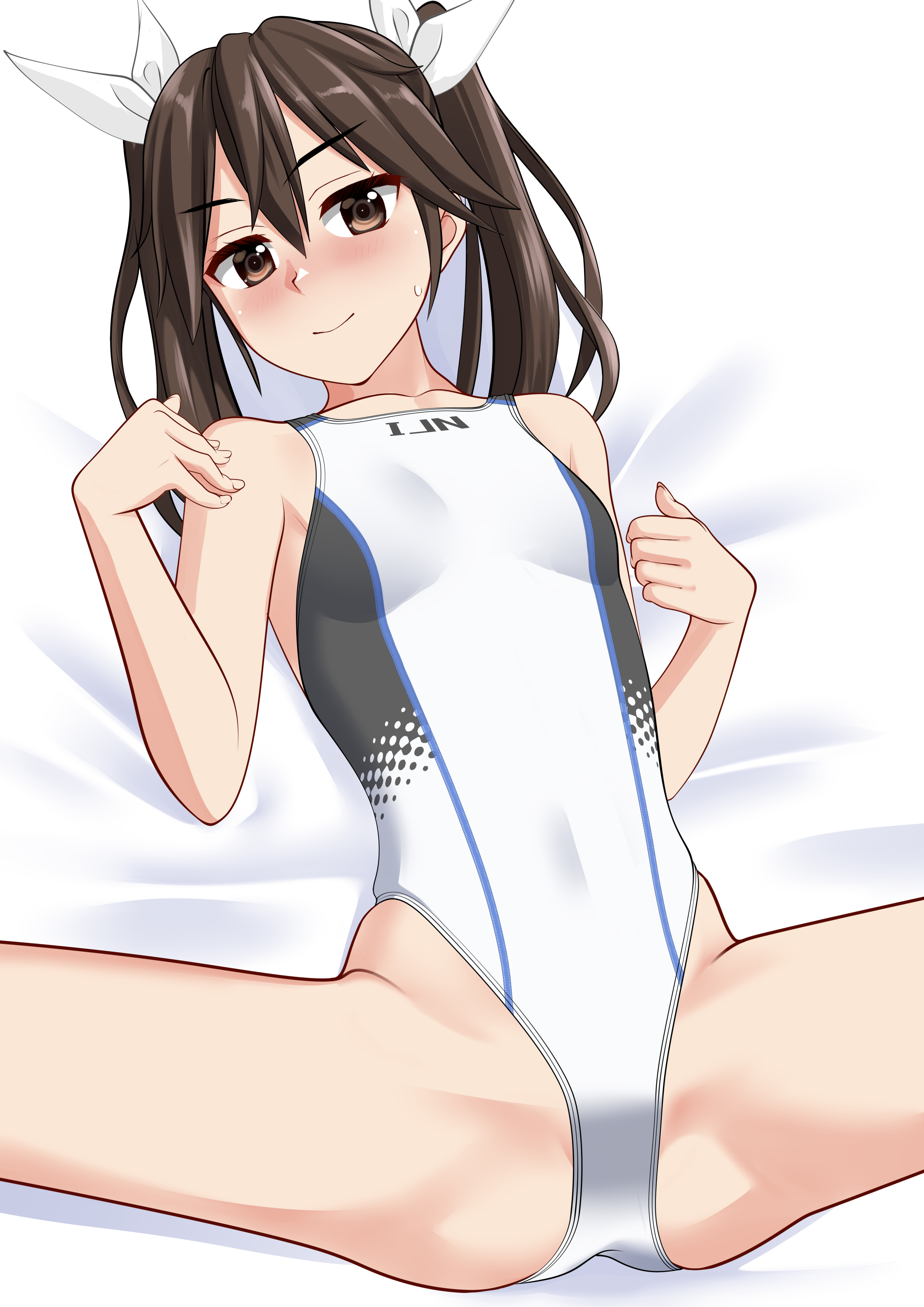 takafumi, tone (kancolle), kantai collection, absurdres, commentary request, highres, variant set, 1girl, blush, breasts, brown eyes, brown hair, clothes writing, competition swimsuit, covered navel, cowboy shot, hair ribbon, highleg, highleg one-piece swimsuit, long hair, lying, multicolored swimsuit, nose blush, one-piece swimsuit, ribbon, small breasts, solo, spread legs, swimsuit, twintails, white one-piece swimsuit