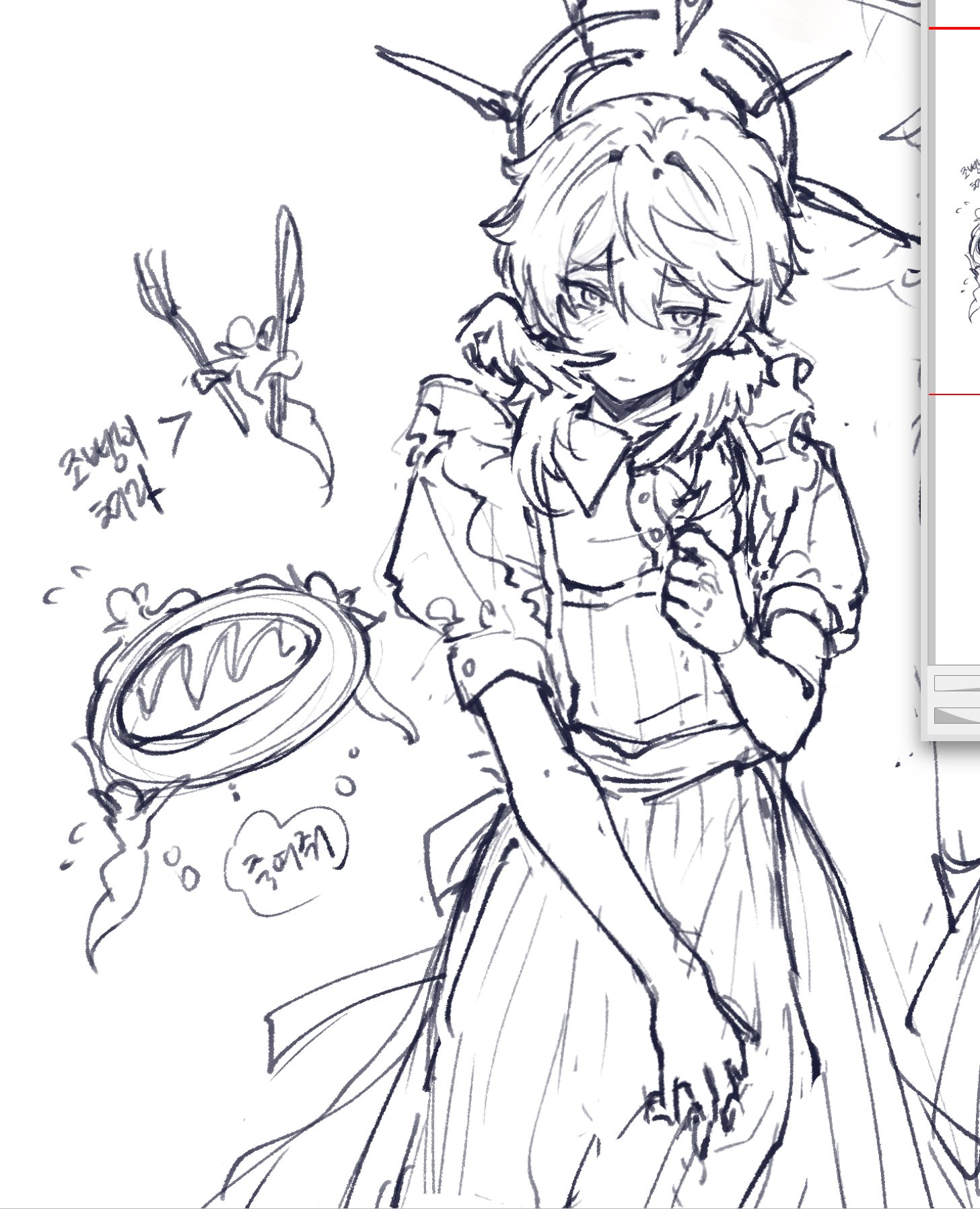 sunday (honkai: star rail), sunday (sacerdos' relived ordeal) (honkai: star rail), honkai: star rail, honkai (series), commentary request, highres, korean commentary, translation request, 1boy, alternate costume, blush, closed mouth, greysishamo, hair between eyes, halo, head wings, looking at viewer, maid, monochrome, raised inner eyebrows, short hair, standing, white background, wings