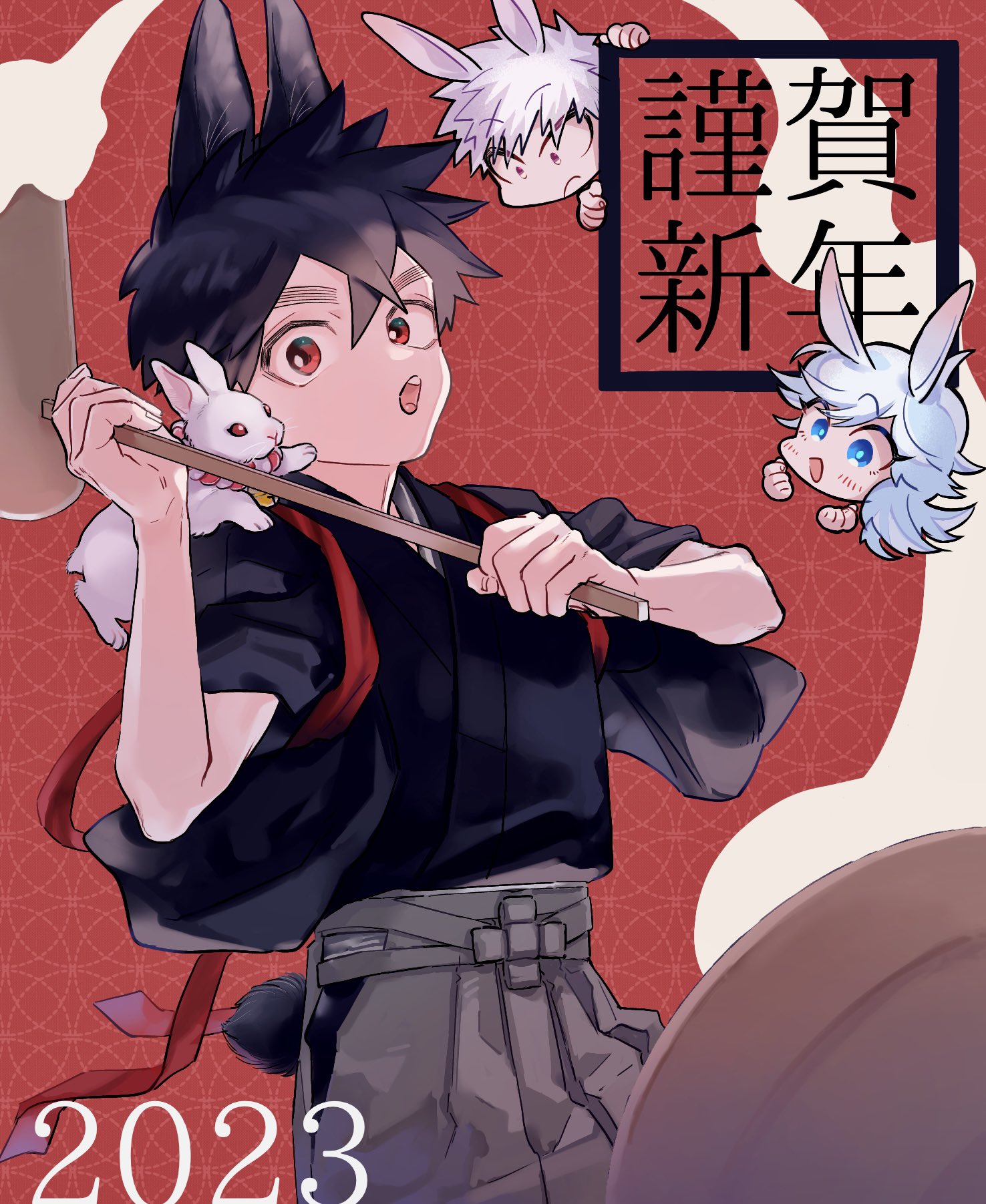 wao (77 af5), iwakiyamayukisatoshironanogojuurokushi akira, kusaka kabane, tademaru shiki, kemono jihen, highres, 3boys, black hair, chinese zodiac, food, hakama, hammer, japanese clothes, male focus, mochi, mochi trail, multiple boys, open mouth, rabbit ears, rabbit tail, red background, red eyes, short hair, solo focus, teeth, thick eyebrows, upper body, upper teeth only, year of the rabbit