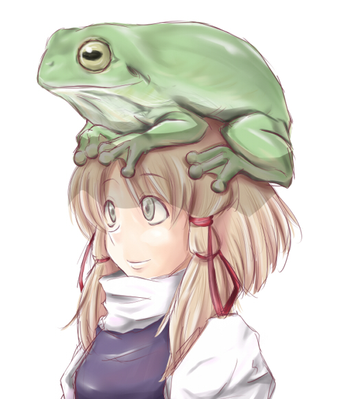 ao usagi, moriya suwako, touhou, 1girl, blonde hair, female focus, frog, object on head, ribbon, short hair, solo