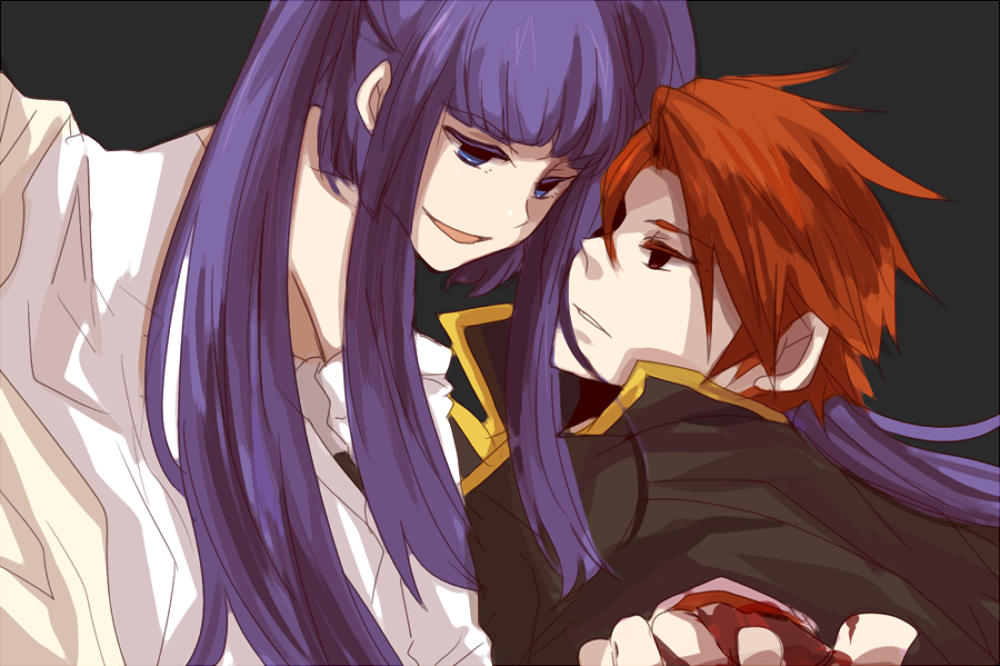 apper500, furudo erika, ushiromiya battler, dawn of the golden witch, umineko no naku koro ni, bad id, bad pixiv id, 00s, 1boy, 1girl, bare shoulders, black background, blue eyes, blue hair, half-closed eyes, red eyes, red hair, simple background