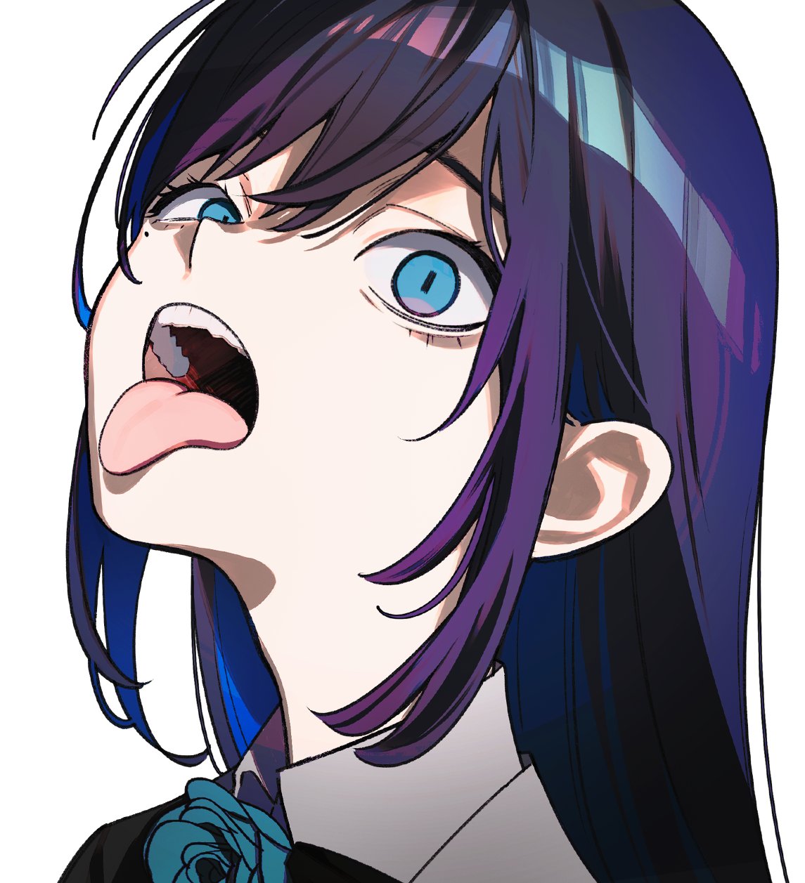 riseno, chando (ado), ado (utaite), commentary, highres, symbol-only commentary, 1girl, blue eyes, blue hair, colored inner hair, hair between eyes, long hair, looking at viewer, mole, mole under eye, multicolored hair, open mouth, portrait, rectangular pupils, sidelocks, simple background, solo, teeth, tongue, tongue out, utaite, white background