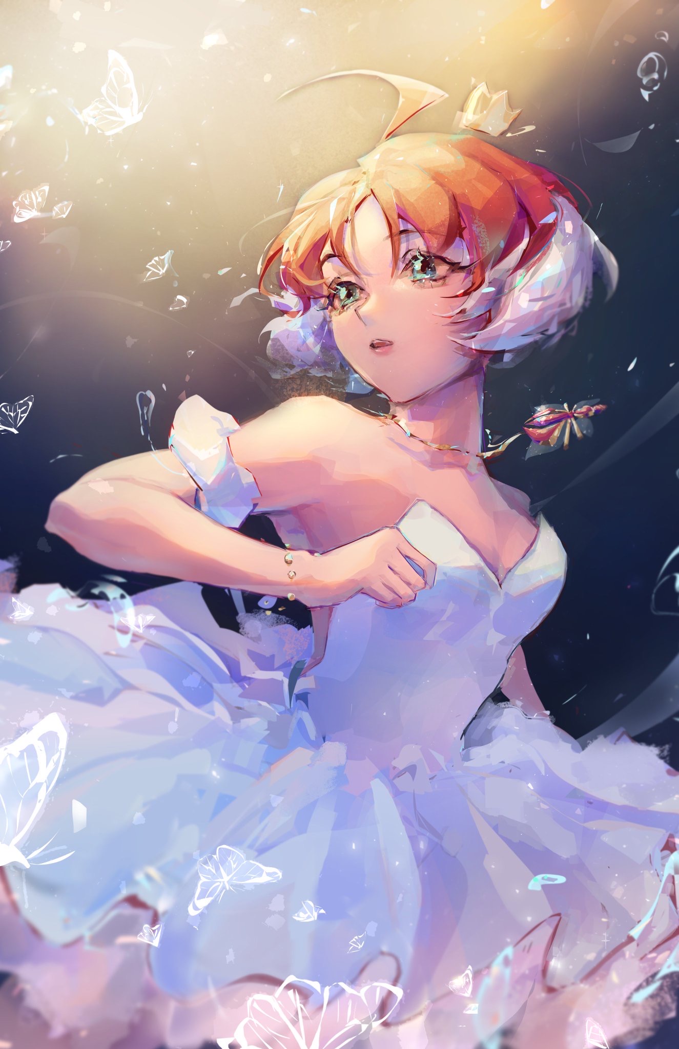 ahiru (princess tutu), princess tutu (character), princess tutu, commentary, english commentary, highres, 1girl, aegyo sal, ahoge, ballerina, ballet, bare shoulders, blue eyes, bracelet, breasts, bug, butterfly, crown, dress, eyelashes, insect, jeunny, jewelry, necklace, orange hair, short hair, solo, tutu