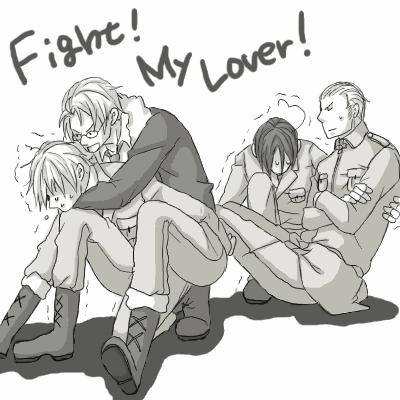 america (hetalia), germany (hetalia), northern italy (hetalia), united kingdom (hetalia), axis powers hetalia, lowres, tagme, 00s, ahoge, glasses, monochrome, multiple boys, sweat, trembling