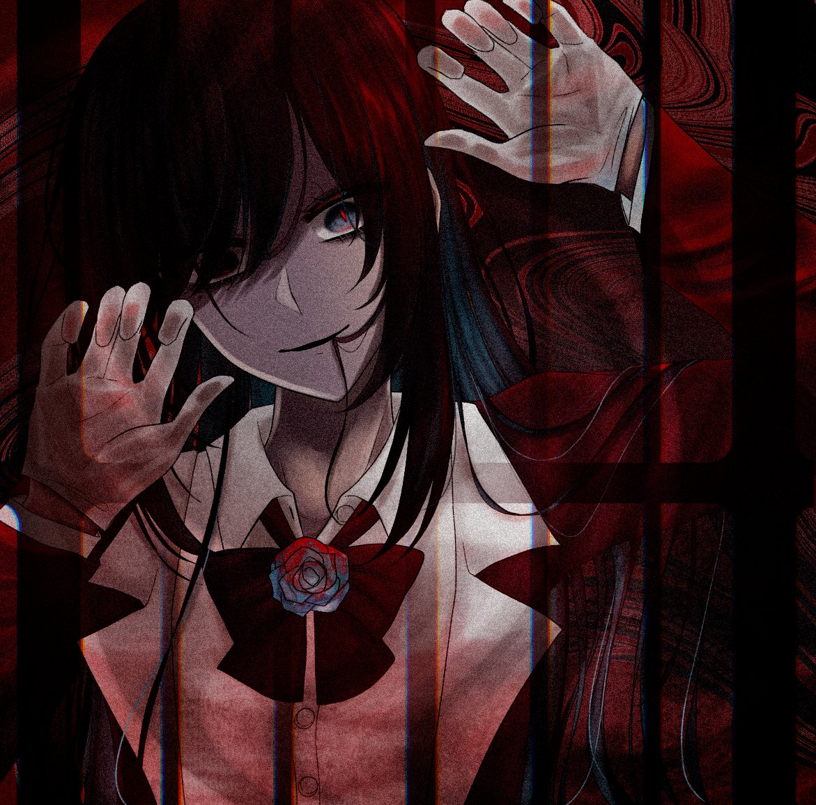 shoko (gs music11), chando (ado), ado (utaite), aishite aishite aishite (vocaloid), commentary request, 1girl, ado box, black bow, black bowtie, black hair, blue eyes, blue hair, bow, bowtie, closed mouth, colored inner hair, dress shirt, gloves, long hair, mole, mole under eye, multicolored hair, red pupils, shirt, slit pupils, solo, utaite, white gloves, white shirt