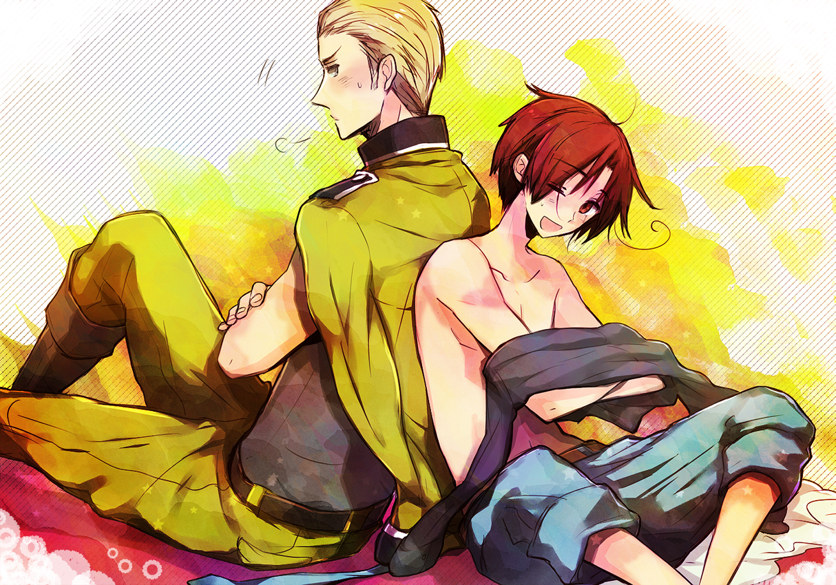 germany (hetalia), northern italy (hetalia), axis powers hetalia, 00s, 2boys, ahoge, blonde hair, blush, brown eyes, brown hair, male focus, military, military uniform, multiple boys, one eye closed, topless male, wink