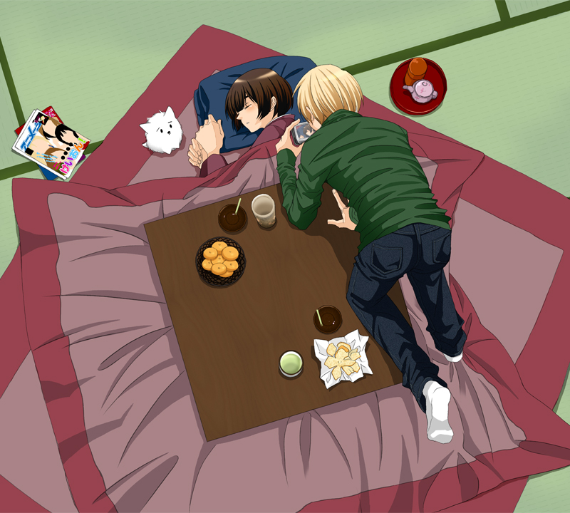 japan (hetalia), united kingdom (hetalia), axis powers hetalia, artist request, tagme, 00s, 2boys, black hair, blonde hair, camera, closed eyes, denim, jeans, male focus, multiple boys, pants, sleeping