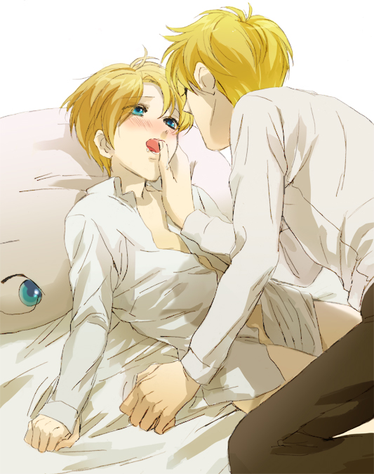 america (hetalia), united kingdom (hetalia), axis powers hetalia, finger in mouth, 00s, blonde hair, blue eyes, blush, bottomless, open clothes, open mouth, open shirt, shirt, shota, trap, yaoi