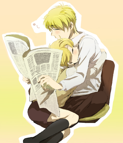 america (hetalia), united kingdom (hetalia), axis powers hetalia, tagme, 00s, 2boys, blonde hair, blush, hug, male focus, multiple boys, newspaper