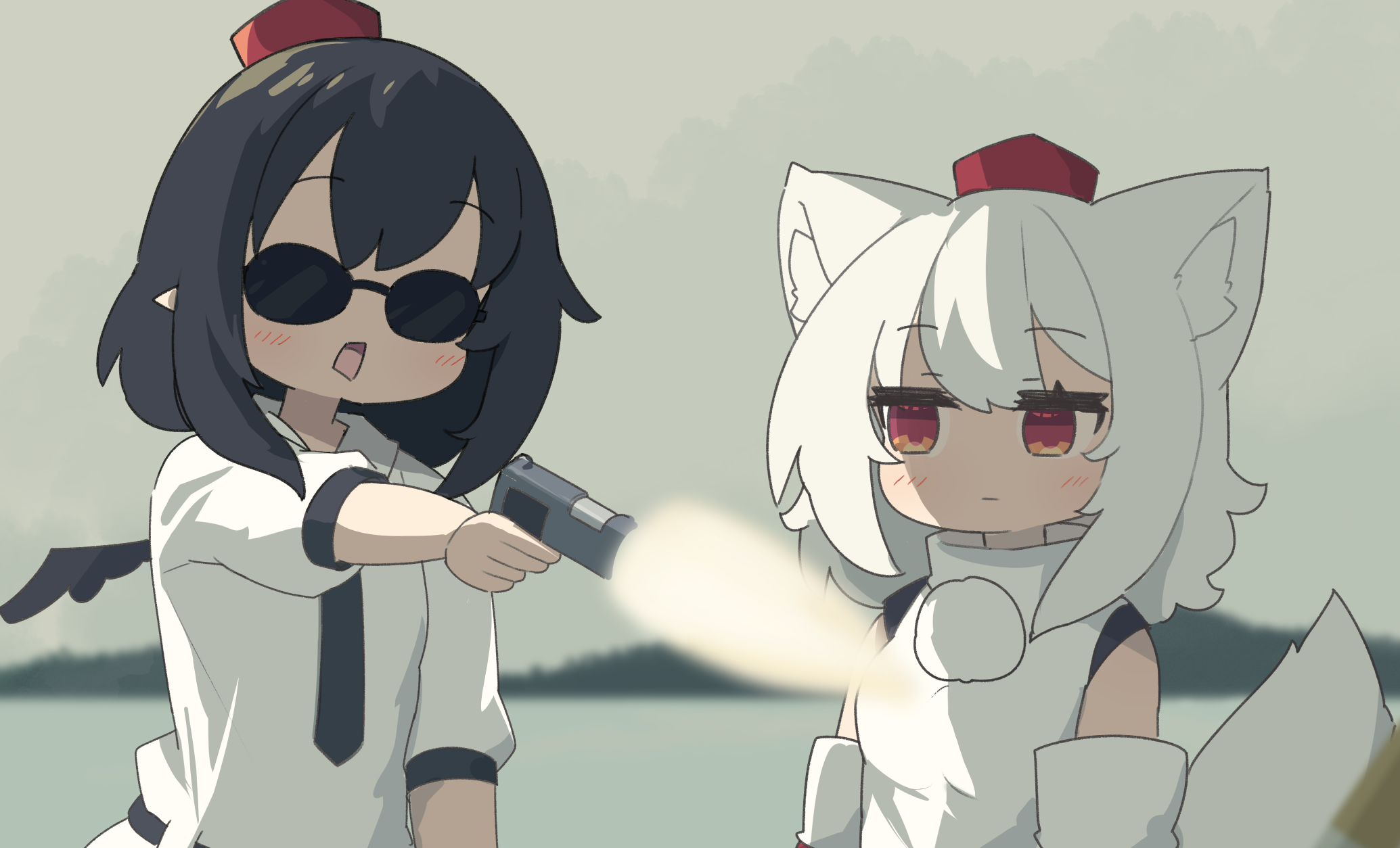 saisoku no yukkuri, inubashiri momiji, shameimaru aya, outrage (2010 movie), touhou, commentary request, highres, weapon request, 2girls, animal ears, black necktie, black wings, blurry, blurry background, blush, closed mouth, collared shirt, depth of field, detached sleeves, firing, gun, handgun, hat, holding, holding gun, holding weapon, mini hat, mini wings, multiple girls, necktie, oil-paper umbrella, open mouth, overcast, puffy short sleeves, puffy sleeves, red eyes, red hat, shirt, short sleeves, sky, sleeveless, sleeveless shirt, sunglasses, tail, tokin hat, umbrella, weapon, white hair, white shirt, white sleeves, wings, wolf ears, wolf girl, wolf tail