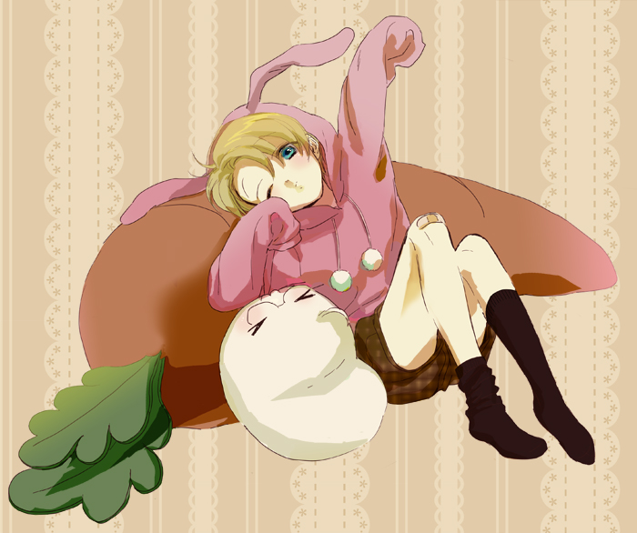 america (hetalia), axis powers hetalia, 00s, bandaid, blonde hair, blue eyes, carrot, food, glasses, shorts, socks, stretching, vegetable