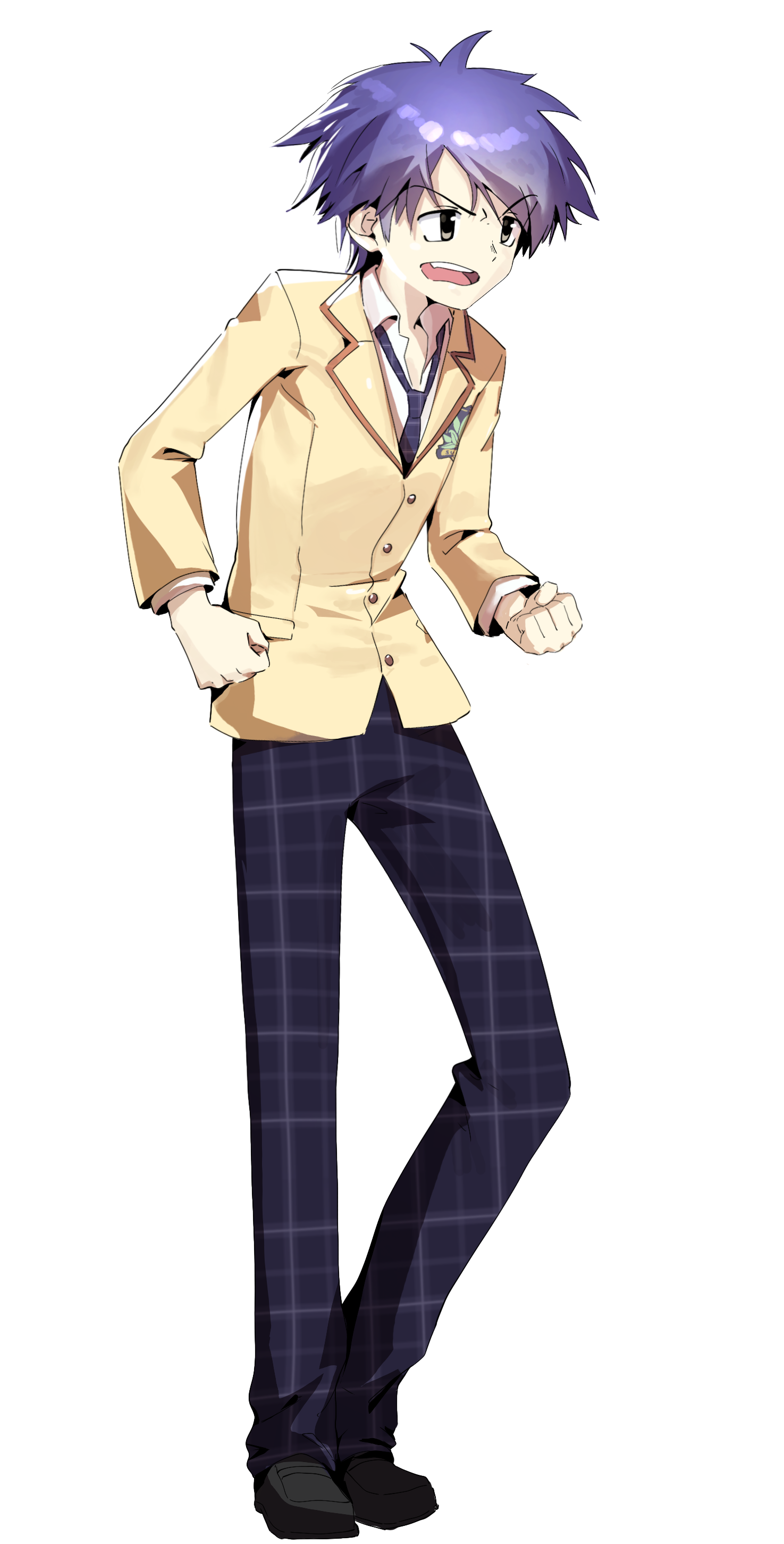 optaku, nishijou takumi, chaos;head, science adventure, absurdres, highres, non-web source, 1boy, angry, black shoes, blazer, blue hair, bow, bowtie, brown jacket, collared shirt, dress shirt, full body, jacket, lapels, loafers, looking to the side, loose necktie, male focus, necktie, notched lapels, open collar, open mouth, pants, plaid bow, plaid bowtie, plaid clothes, plaid necktie, plaid pants, pleated skirt, purple pants, school emblem, school uniform, shirt, shoes, short hair, skirt, solo, suimei academy school uniform, tongue, transparent background, white shirt, yellow eyes