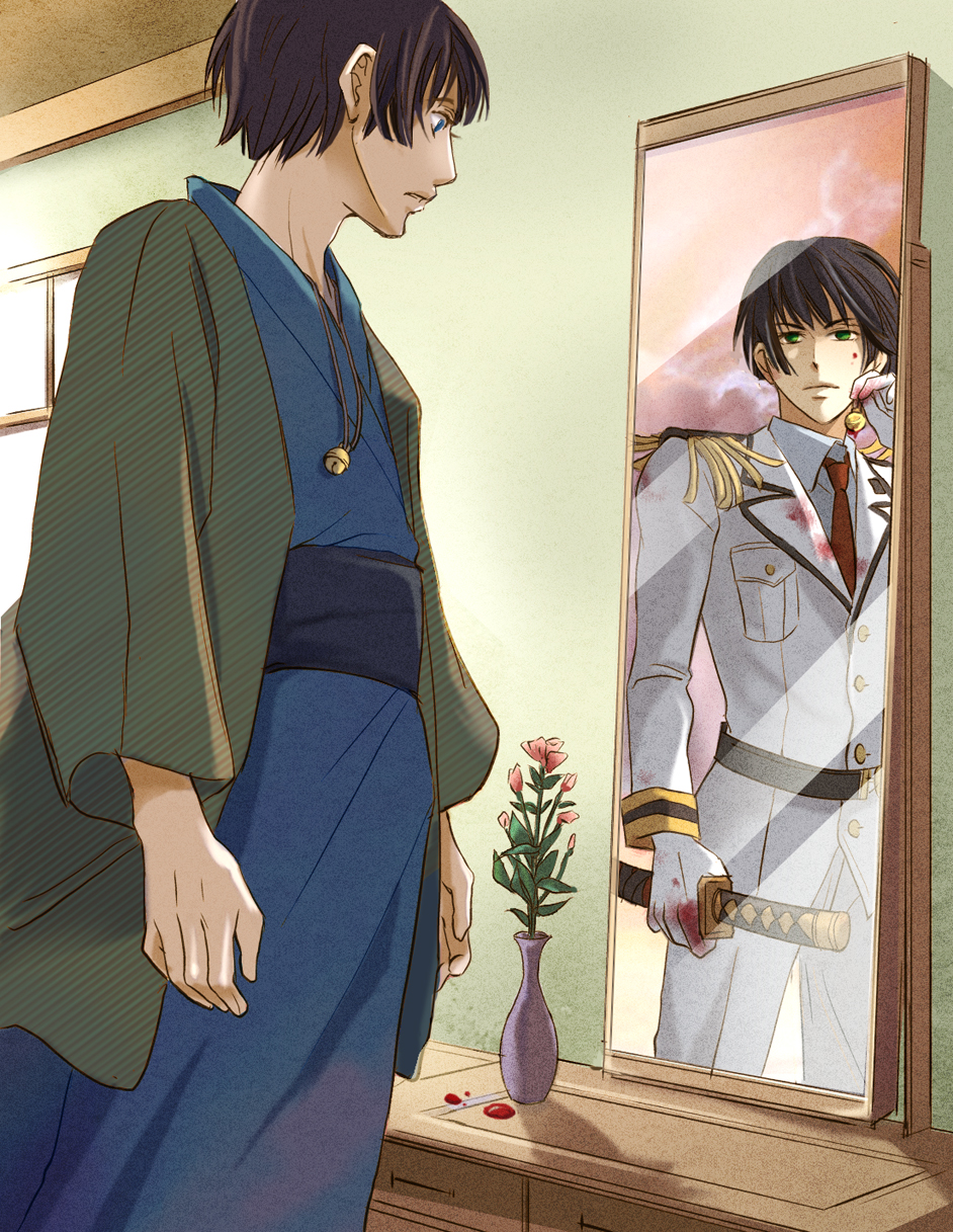 japan (hetalia), axis powers hetalia, highres, tagme, 00s, black hair, blood, blue eyes, green eyes, male focus, military, military uniform, mirror, reflection, sword, weapon