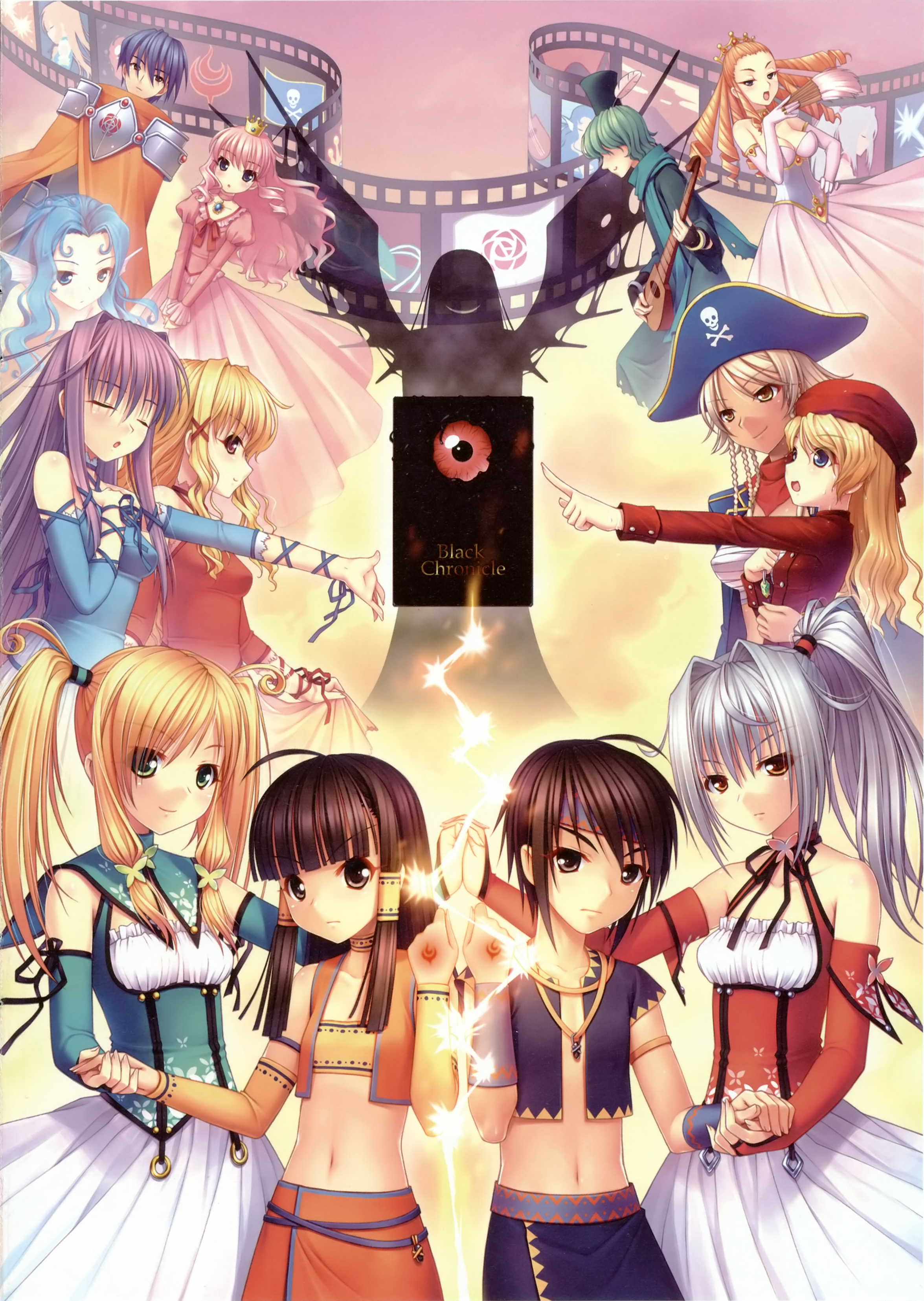 sayori (neko works), chronicle 2nd, sound horizon, absurdres, highres, 3boys, 6+girls, blonde hair, blue eyes, blue hair, book, brown hair, crown, dress, drill hair, everyone, green eyes, green hair, guitar, hand fan, hat, instrument, lightning, long hair, multiple boys, multiple girls, pink hair, pirate, pirate hat, ponytail, purple hair, red eyes, ribbon, siblings, twins, twintails, white hair