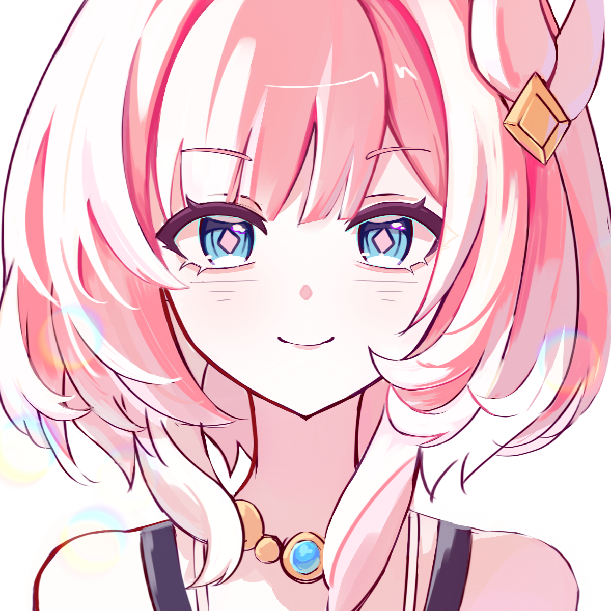 cyrene (honkai: star rail), cyrene (philia093) (honkai: star rail), honkai: star rail, honkai (series), highres, 1girl, bare shoulders, coat, hair ornament, jewelry, looking at viewer, multicolored hair, necklace, pink hair, purple coat, short hair, shouhai zhe 1 hao, simple background, smile, solo, two-tone hair, upper body, white background, white hair