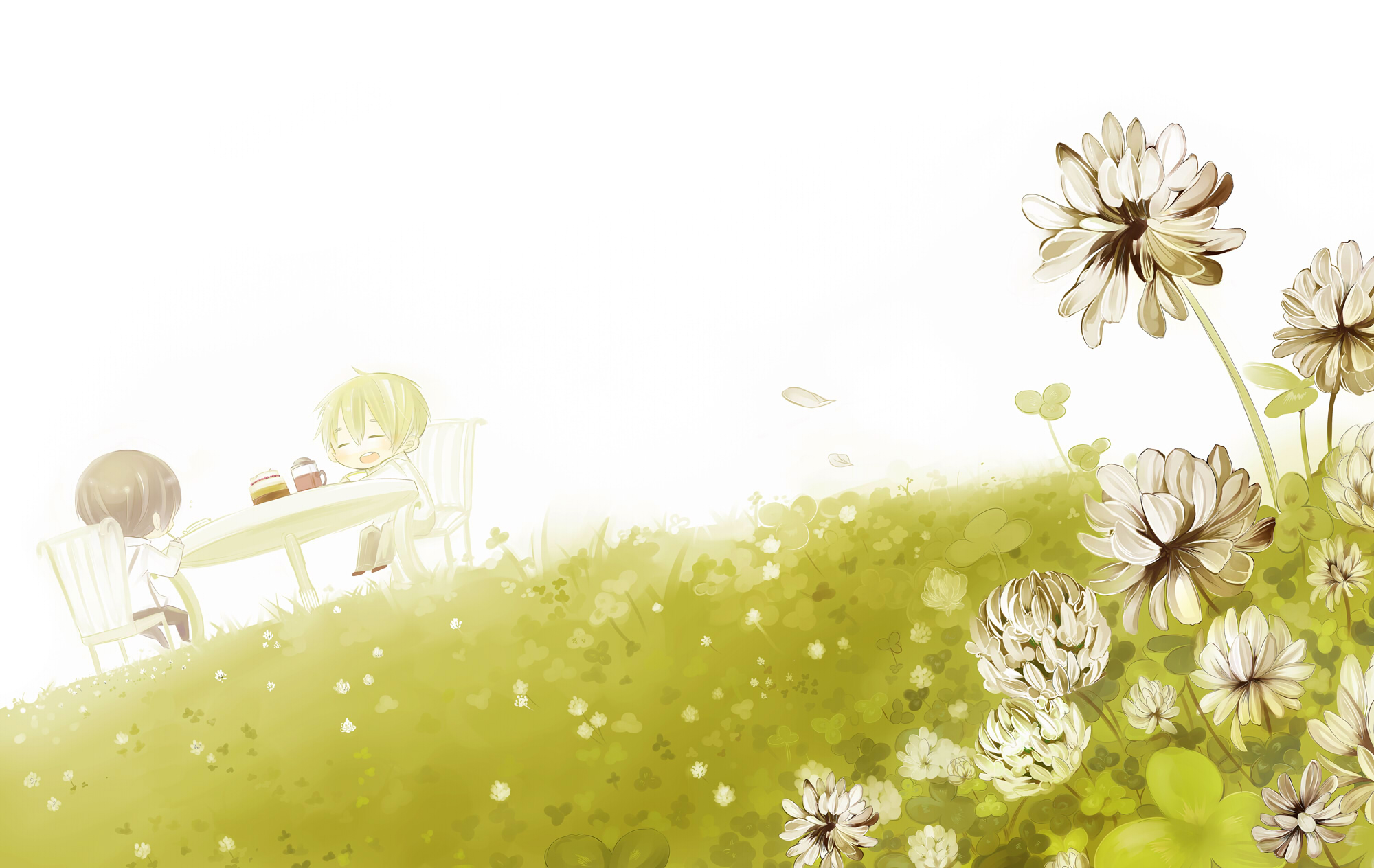 japan (hetalia), united kingdom (hetalia), axis powers hetalia, highres, 00s, 2boys, black hair, blonde hair, cake, clover, flower, food, grass, male focus, multiple boys, nature, outdoors, scenery