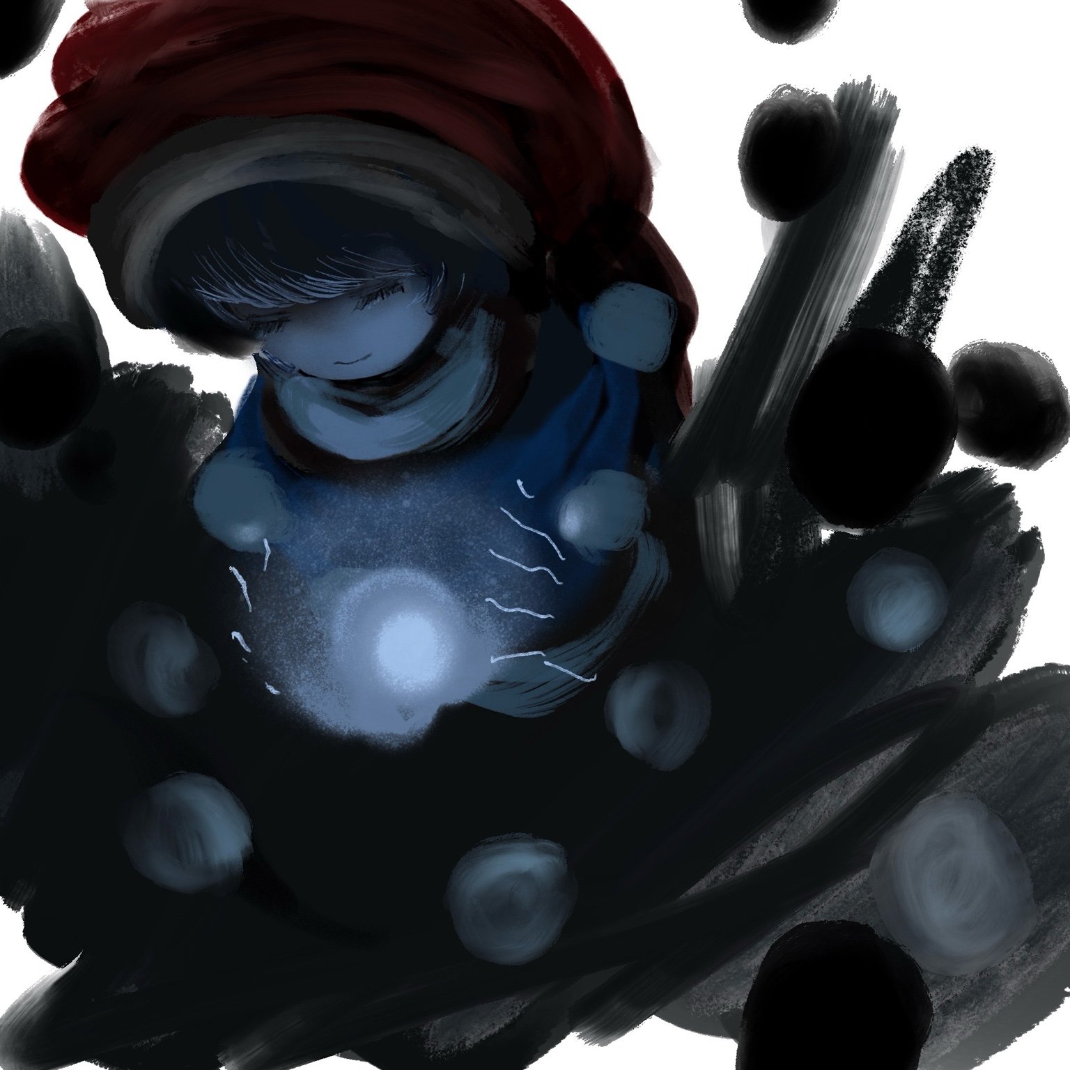 from51572962, doremy sweet, touhou, commentary, highres, 1girl, blue dress, brush stroke, closed eyes, closed mouth, dark, dress, eyelashes, hat, holding, holding orb, nightcap, orb, red hat, short hair, smile, solo, underlighting