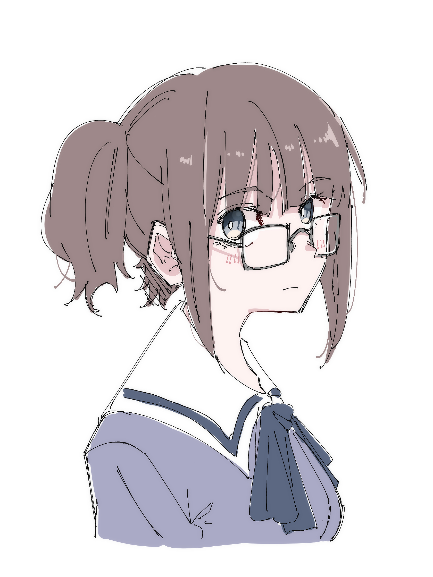 tsuyudashimirin, hina (girls band cry), girls band cry, commentary request, highres, 1girl, blue shirt, glasses, grey hair, school uniform, shirt, short hair, short twintails, simple background, solo, twintails, upper body, white background