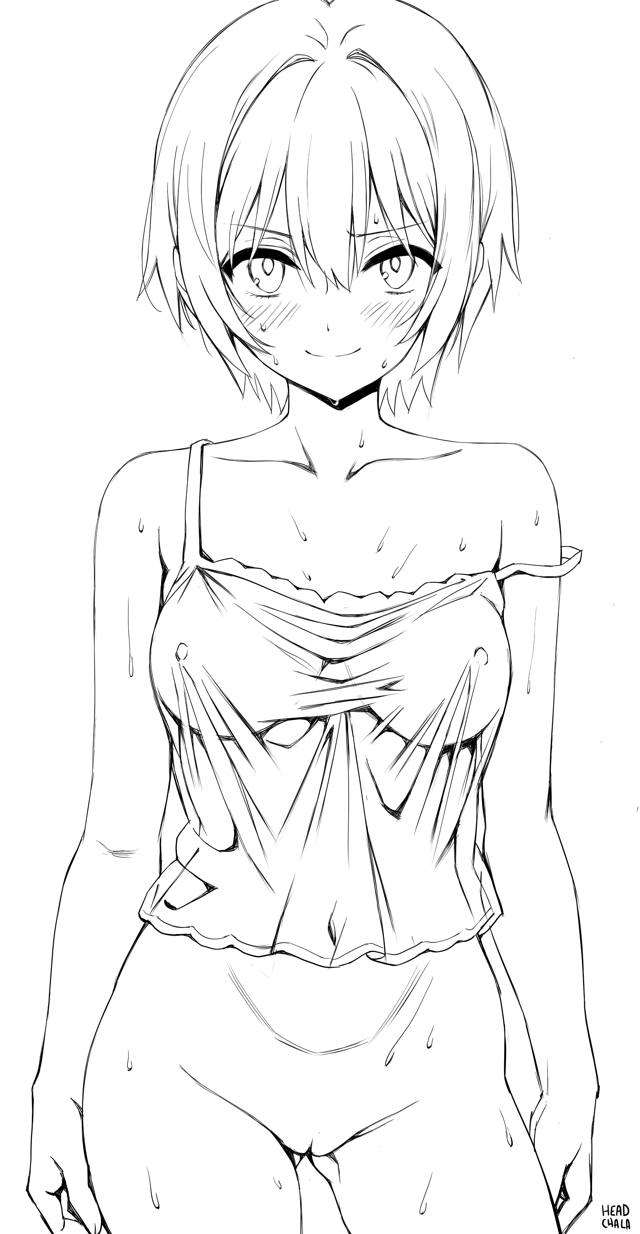 head cha la, amate yuzuriha, gundam, gundam gquuuuuux, absurdres, commentary, english commentary, highres, 1girl, artist name, blush, bottomless, breasts, camisole, collarbone, covered erect nipples, gluteal fold, high contrast, looking at viewer, medium breasts, navel, pussy, short hair, simple background, smile, solo, standing, sweat, thighs, wet, white background