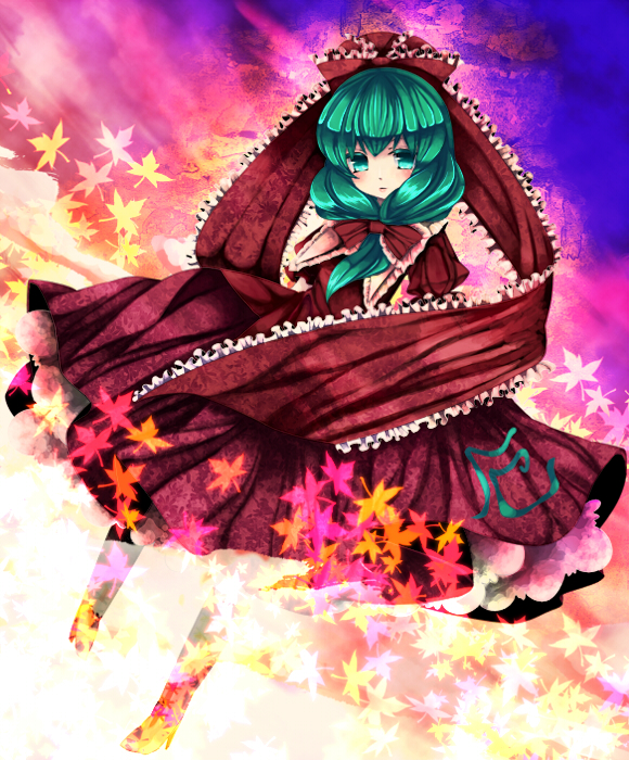 yukibina, kagiyama hina, touhou, bad id, bad pixiv id, 1girl, boots, bow, dress, female focus, frills, front ponytail, green eyes, green hair, hair ribbon, leaf, matching hair/eyes, ribbon, solo