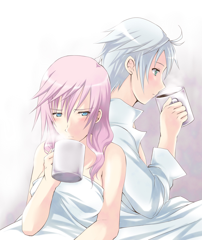 microspace, pochi (pixiv19310), hope estheim, lightning farron, final fantasy, final fantasy xiii, bad id, bad pixiv id, 10s, 1boy, 1girl, antenna hair, aqua eyes, bare shoulders, bed sheet, blanket, blue eyes, blush, coffee, coffee mug, couple, cup, dress shirt, drinking, green eyes, long hair, morning after, mug, naked sheet, pink hair, profile, shirt, short hair, steam, white hair
