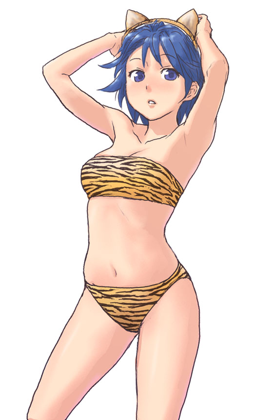 samtx, original, bad id, bad pixiv id, 1girl, animal ears, animal print, armpits, bikini, blue eyes, blue hair, female focus, matching hair/eyes, short hair, simple background, solo, swimsuit, tiger ears, tiger print, white background