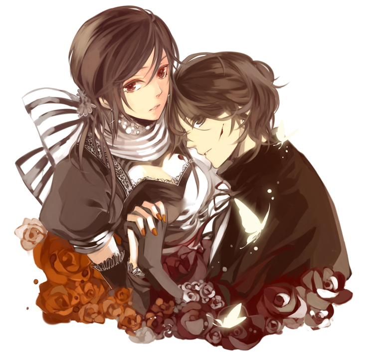 suou (sdurorhr), kanon (umineko), shannon (umineko), umineko no naku koro ni, 00s, 1boy, 1girl, black hair, breasts, brown eyes, brown hair, bug, butterfly, cleavage, earrings, flower, genderswap, genderswap (ftm), genderswap (mtf), gloves, hetero, holding hands, insect, jewelry, medium breasts, profile, red flower, red rose, rose, scarf, short hair