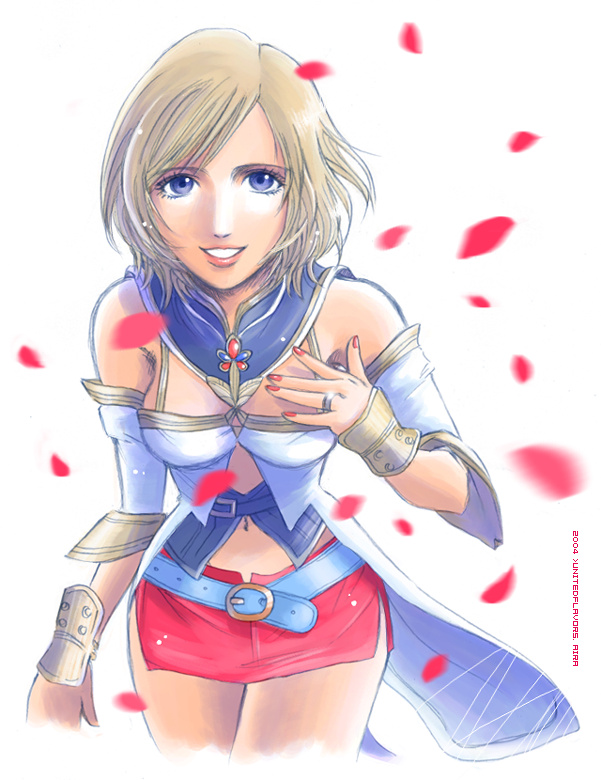 unitedflavors, ashelia b'nargin dalmasca, final fantasy, final fantasy xii, 00s, 1girl, bare shoulders, belt, blonde hair, blue eyes, breasts, detached sleeves, female focus, flapper shirt, miniskirt, nail polish, shirt, short hair, skirt, solo, white background