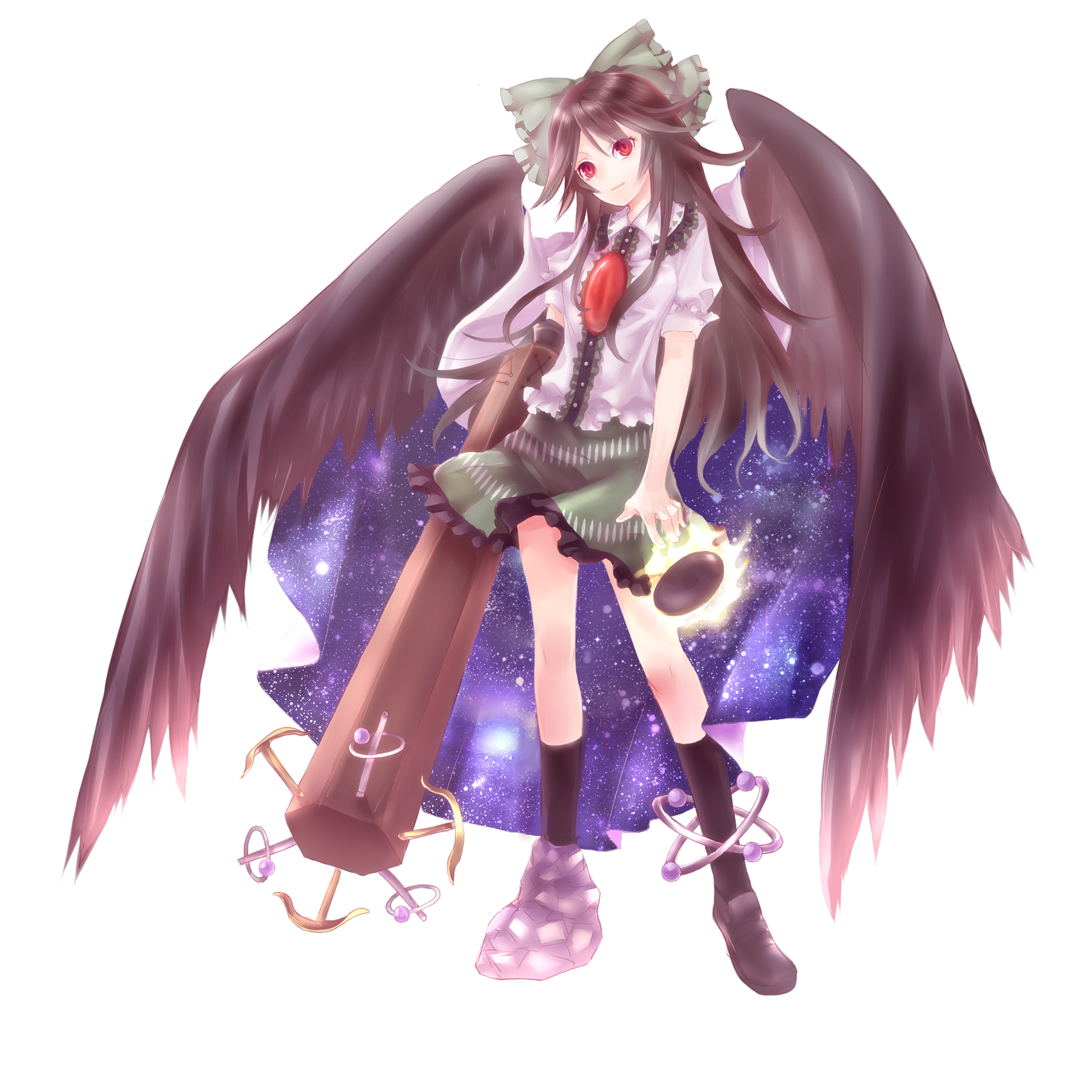 neme, reiuji utsuho, touhou, bad id, bad pixiv id, highres, 1girl, asymmetrical clothes, asymmetrical footwear, black hair, bow, female focus, full body, hair bow, hair ribbon, long hair, mismatched footwear, red eyes, ribbon, solo, transparent background, wings