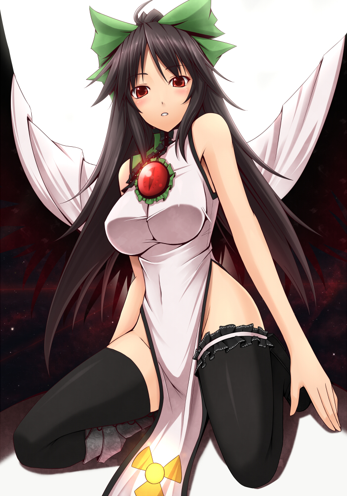 akitsuki karasu, reiuji utsuho, touhou, 1girl, alternate costume, bare shoulders, black hair, black thighhighs, blush, bow, breasts, china dress, chinese clothes, curvy, dress, female focus, frilled thighhighs, frills, hair bow, hair ribbon, highleg, kneeling, large breasts, long hair, no panties, red eyes, ribbon, skirt drape, solo, thighhighs, tight clothes, wings