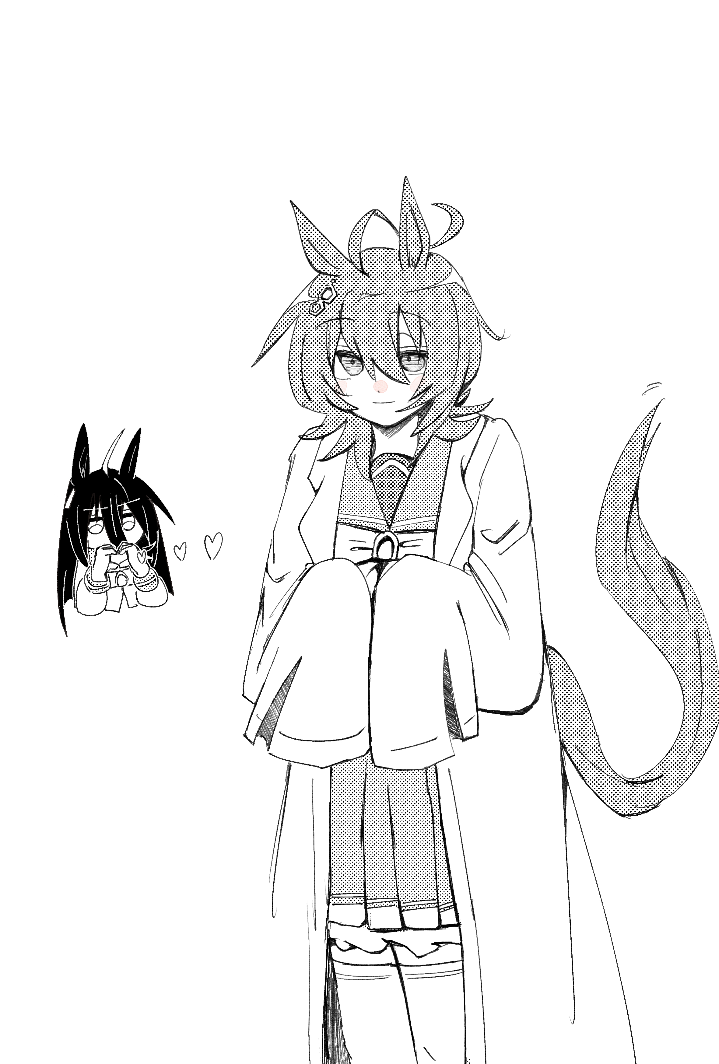 gachitamago, agnes tachyon (umamusume), manhattan cafe (umamusume), umamusume, absurdres, commentary request, highres, 2girls, ahoge, animal ears, bow, bowtie, chemical structure, chibi, chibi inset, closed mouth, coat, collared shirt, ear ornament, ear tag, earrings, frilled skirt, frills, hair between eyes, hands up, heart, heart hands, horse ears, horse girl, horse tail, jewelry, lab coat, long hair, long hair between eyes, motion lines, multiple girls, no mouth, open clothes, open coat, pleated skirt, school uniform, shirt, short hair, simple background, single earring, skirt, sleeves past fingers, sleeves past wrists, tail, thighhighs, tracen school uniform, white background