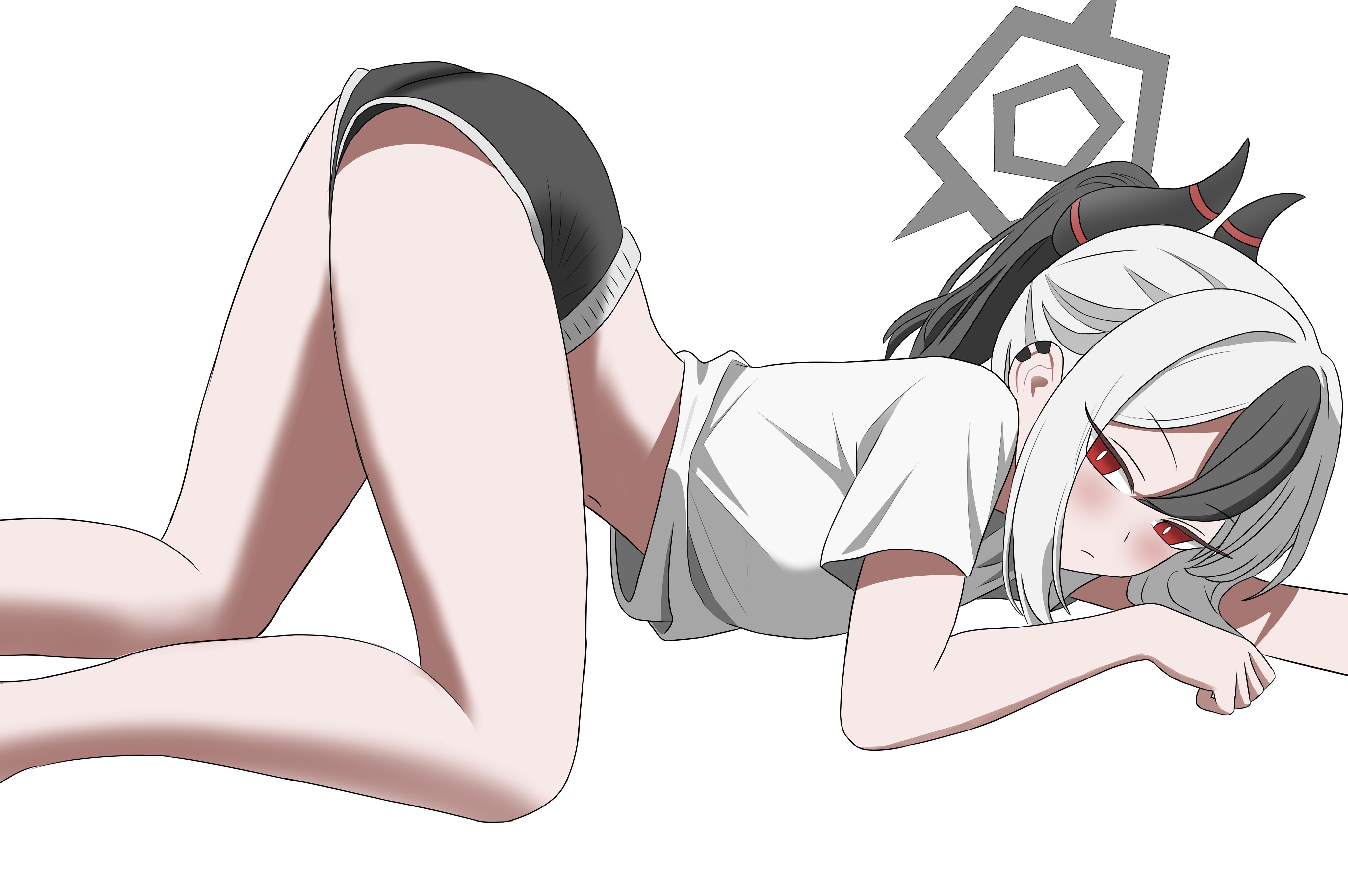 kayoko (blue archive), blue archive, absurdres, commentary, highres, 1girl, bare legs, black hair, black horns, black shorts, blush, center-flap bangs, demon horns, ear piercing, expressionless, grey halo, halo, horns, mopi (oooo5412), multicolored hair, piercing, red eyes, shirt, short hair, shorts, sidelocks, simple background, solo, t-shirt, top-down bottom-up, two-tone hair, white background, white hair, white shirt
