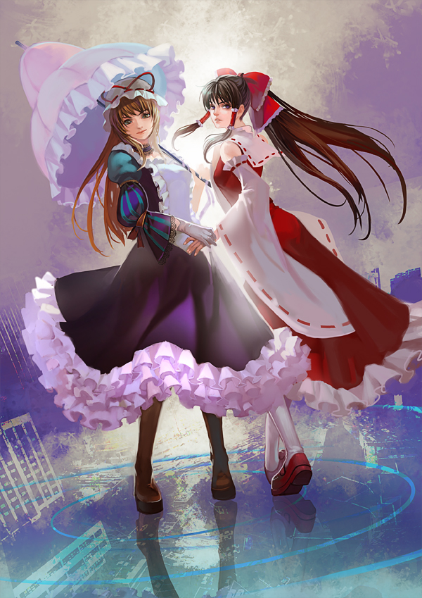 elna, hakurei reimu, yakumo yukari, touhou, european clothes, bad id, bad pixiv id, 2girls, dress, female focus, hat, multiple girls, parasol, ribbon, umbrella