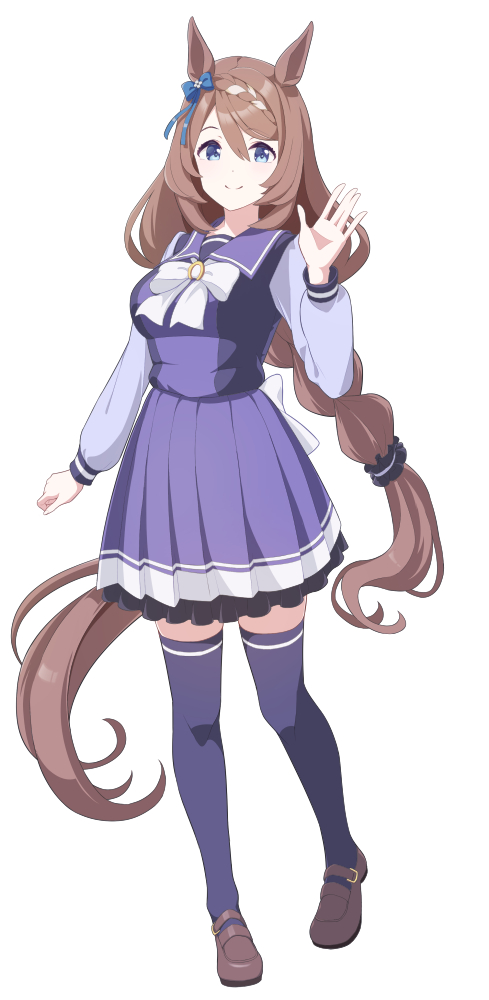shiromaru illust, super creek (umamusume), umamusume, commentary request, 1girl, animal ears, bag, blue eyes, blush, bow, bowtie, braid, breasts, brown hair, closed mouth, ear bow, hair between eyes, horse ears, horse girl, horse tail, large breasts, long hair, looking at viewer, multicolored hair, pleated skirt, purple sailor collar, purple serafuku, purple shirt, purple skirt, purple thighhighs, sailor collar, sailor shirt, school bag, school uniform, serafuku, shirt, simple background, skirt, smile, solo, streaked hair, tail, thighhighs, tracen school uniform, very long hair, white background, white bow, white bowtie, white hair